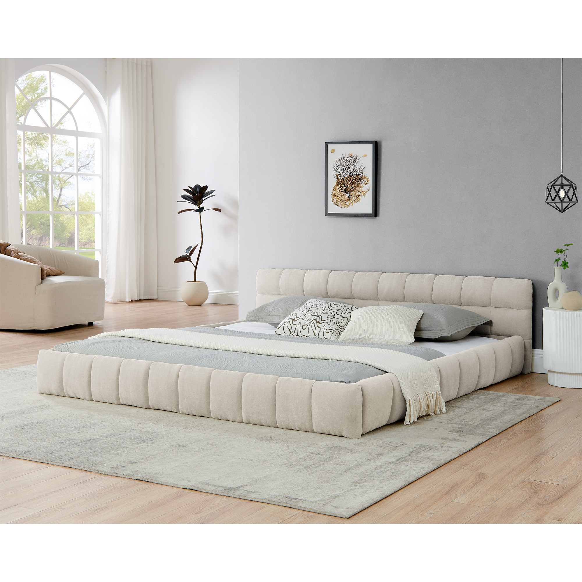 King size Upholstered Bed Frame with Thick Fabric, Chenille Fabric Grounded King Size Platform Bed with Headboard and Solid Frame. No Box Spring Needed-Beige(88.5''*85.5''*24'') - Image 2