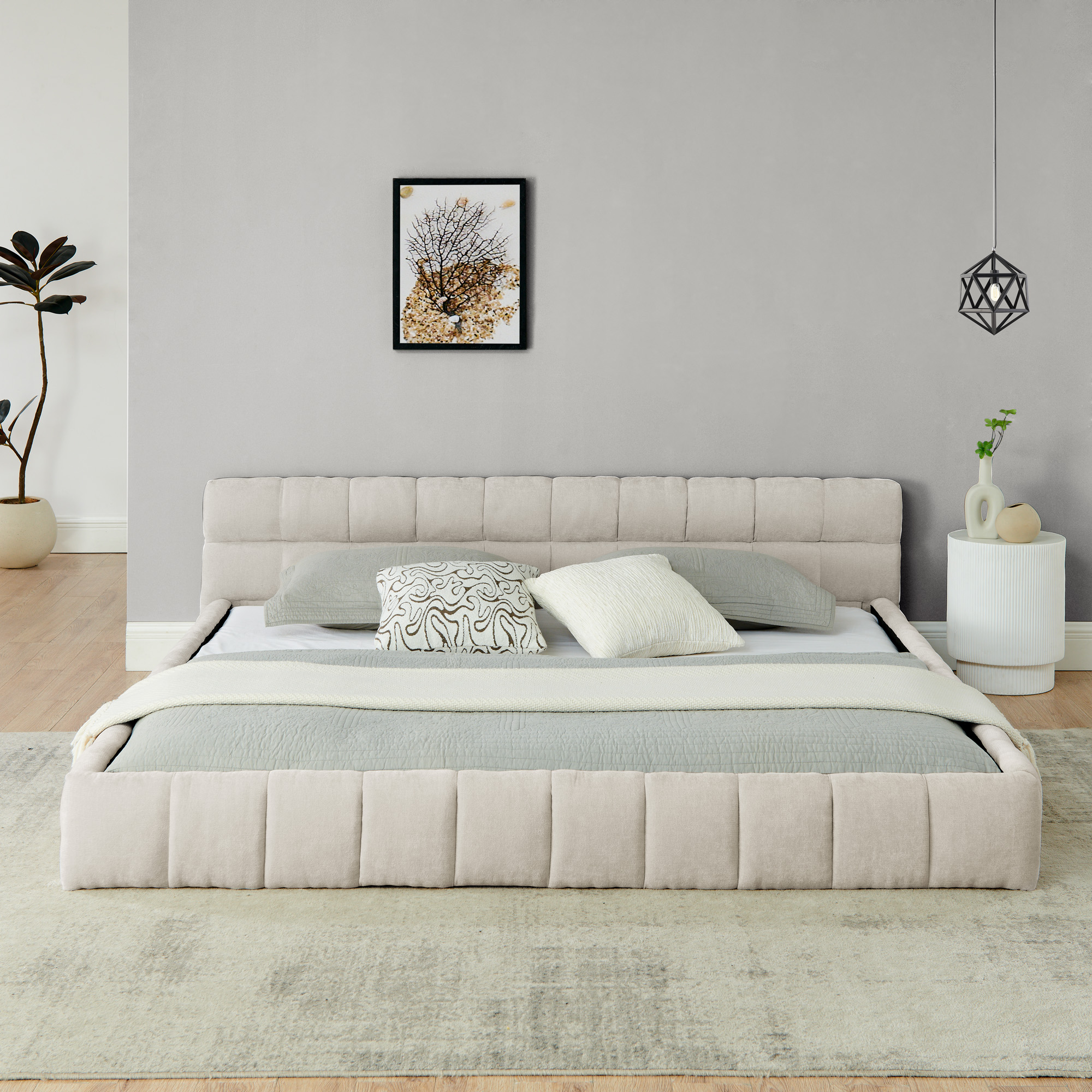 King size Upholstered Bed Frame with Thick Fabric, Chenille Fabric Grounded King Size Platform Bed with Headboard and Solid Frame. No Box Spring Needed-Beige(88.5''*85.5''*24'') - Image 3
