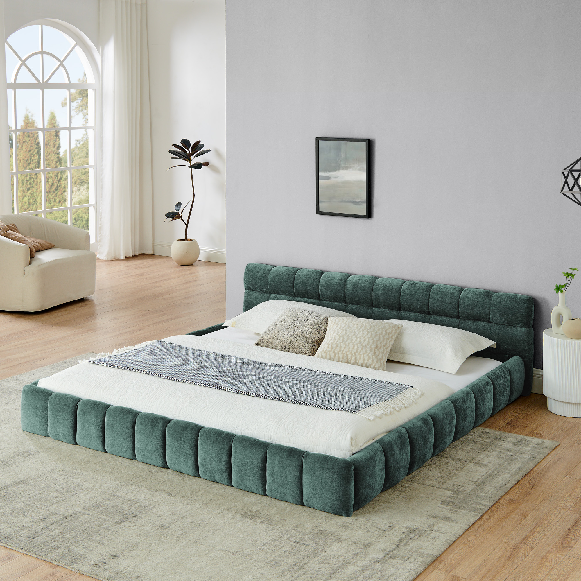 King size Upholstered Bed Frame with Thick Fabric, Chenille Fabric Grounded King Size Platform Bed with Headboard and Solid Frame. No Box Spring Needed-green(88.5”*85.5”*24”)