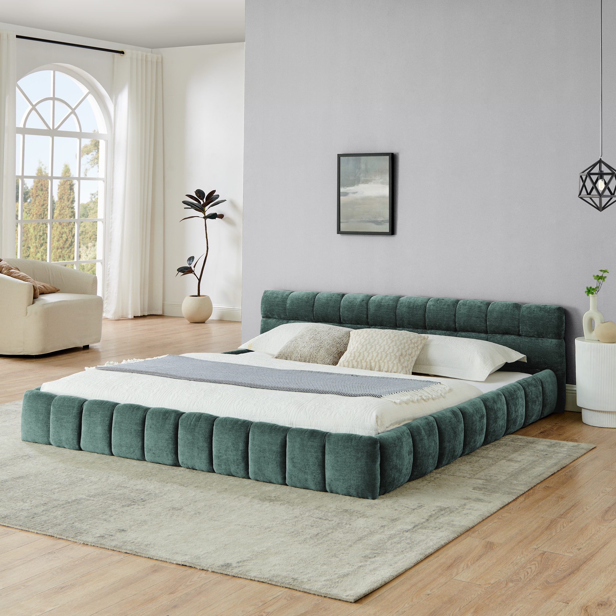 King size Upholstered Bed Frame with Thick Fabric, Chenille Fabric Grounded King Size Platform Bed with Headboard and Solid Frame. No Box Spring Needed-green(88.5''*85.5''*24'') - Image 2