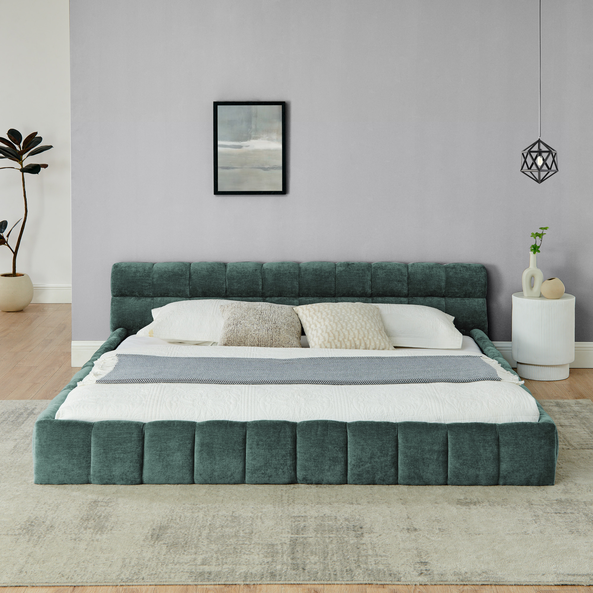 King size Upholstered Bed Frame with Thick Fabric, Chenille Fabric Grounded King Size Platform Bed with Headboard and Solid Frame. No Box Spring Needed-green(88.5''*85.5''*24'') - Image 3