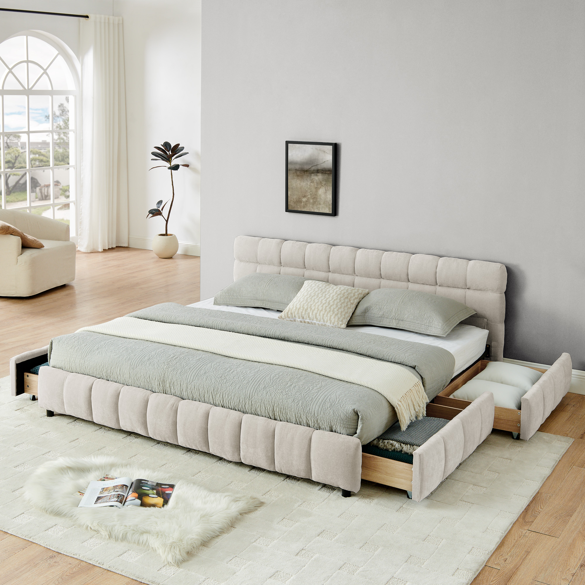 King Size Upholstered Bed ,comfortable upholstered bed frame, Chenille fabric, with headboard and solid bed frame. With drawer for storage.-Beige(88.5”*85.5”*31”)