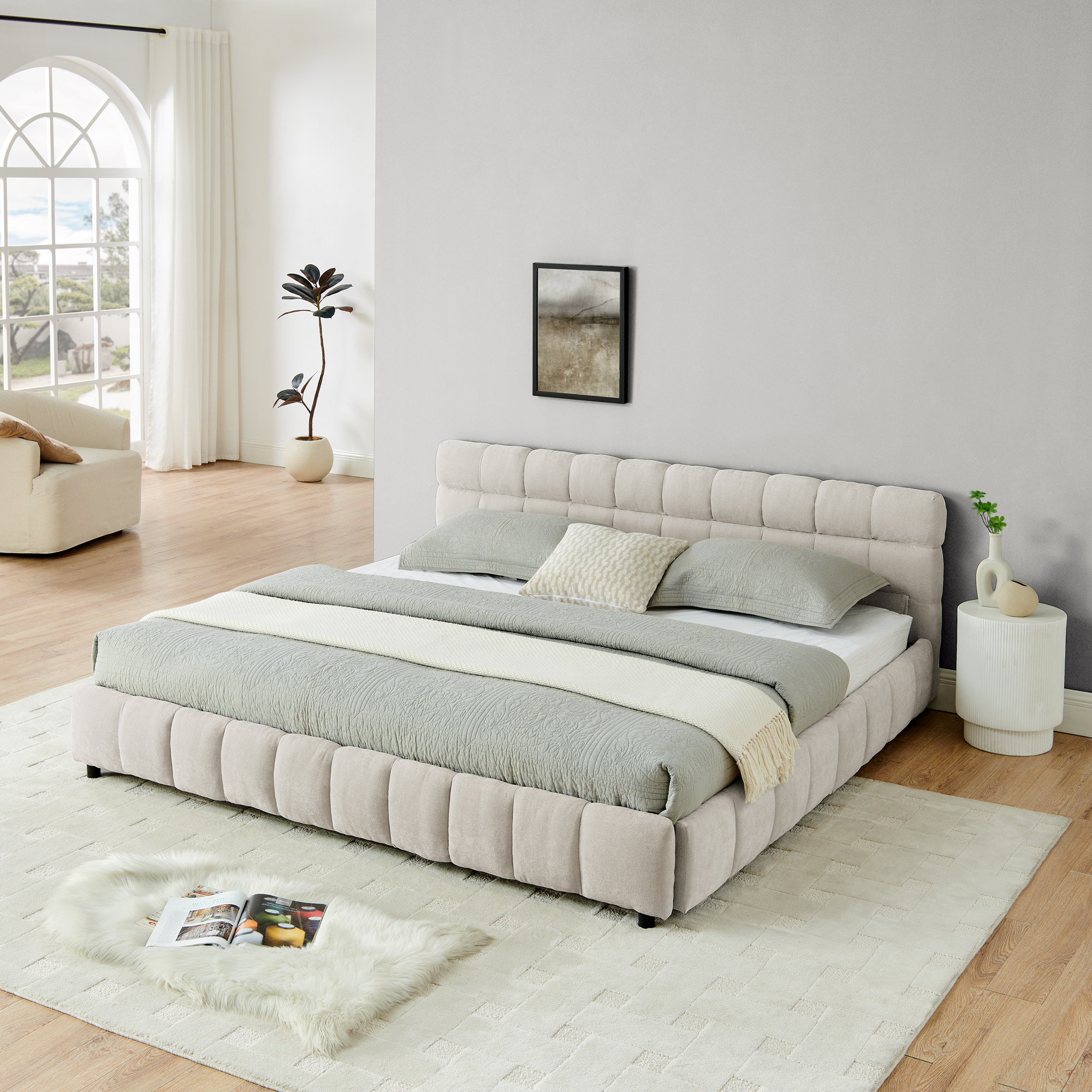 King Size Upholstered Bed ,comfortable upholstered bed frame, Chenille fabric, with headboard and solid bed frame. With drawer for storage.-Beige(88.5''*85.5''*31'') - Image 2