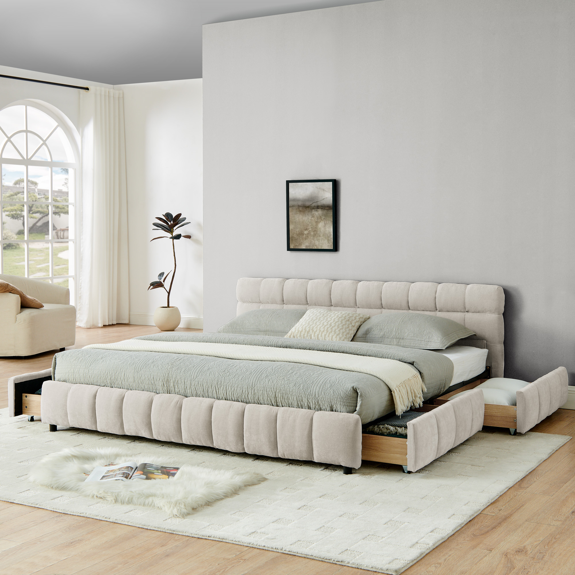 King Size Upholstered Bed ,comfortable upholstered bed frame, Chenille fabric, with headboard and solid bed frame. With drawer for storage.-Beige(88.5''*85.5''*31'') - Image 3