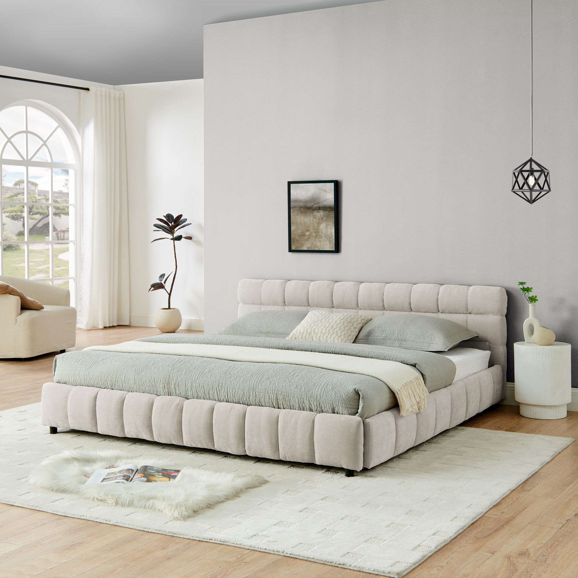 King Size Upholstered Bed ,comfortable upholstered bed frame, Chenille fabric, with headboard and solid bed frame. With drawer for storage.-Beige(88.5''*85.5''*31'') - Image 4