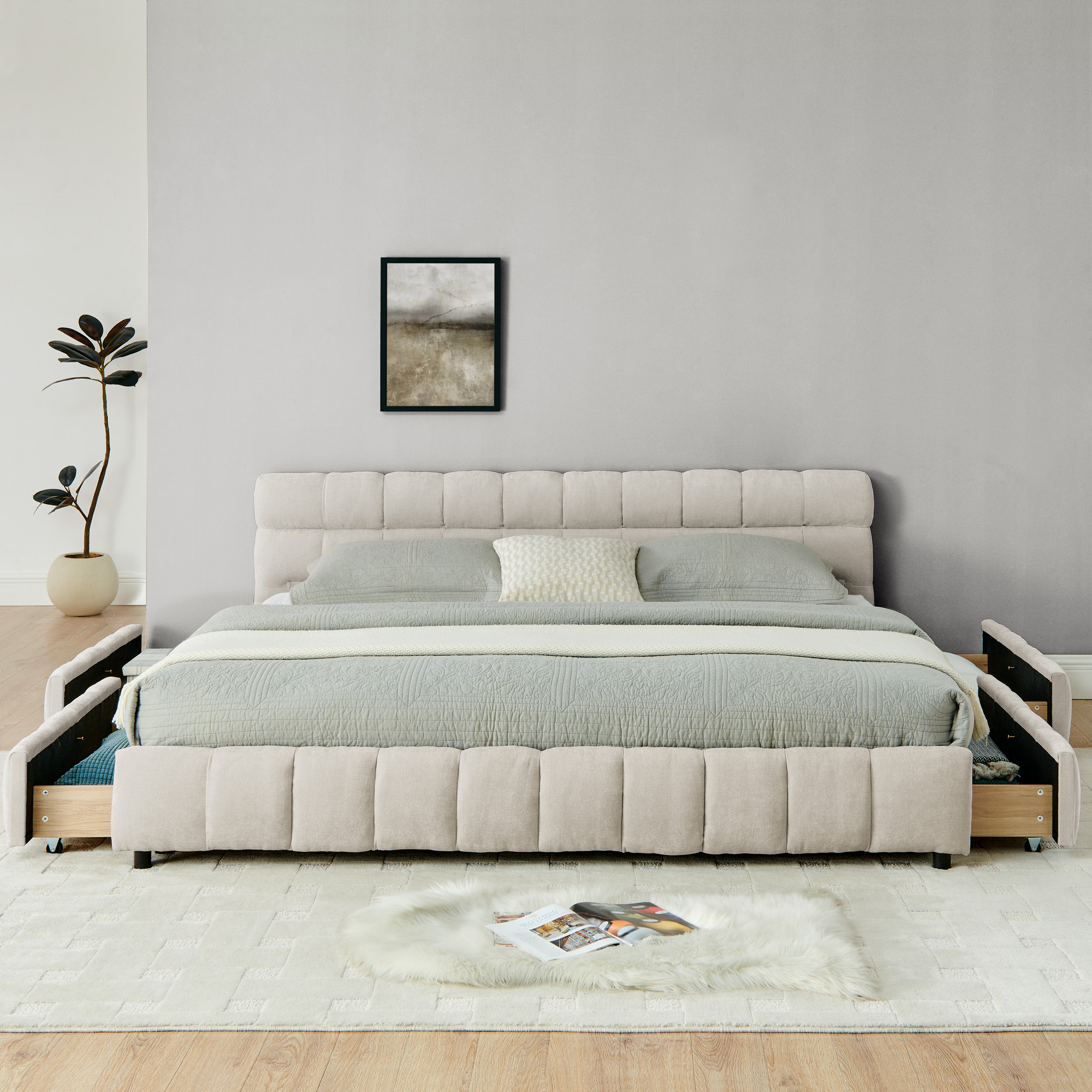 King Size Upholstered Bed ,comfortable upholstered bed frame, Chenille fabric, with headboard and solid bed frame. With drawer for storage.-Beige(88.5''*85.5''*31'') - Image 5