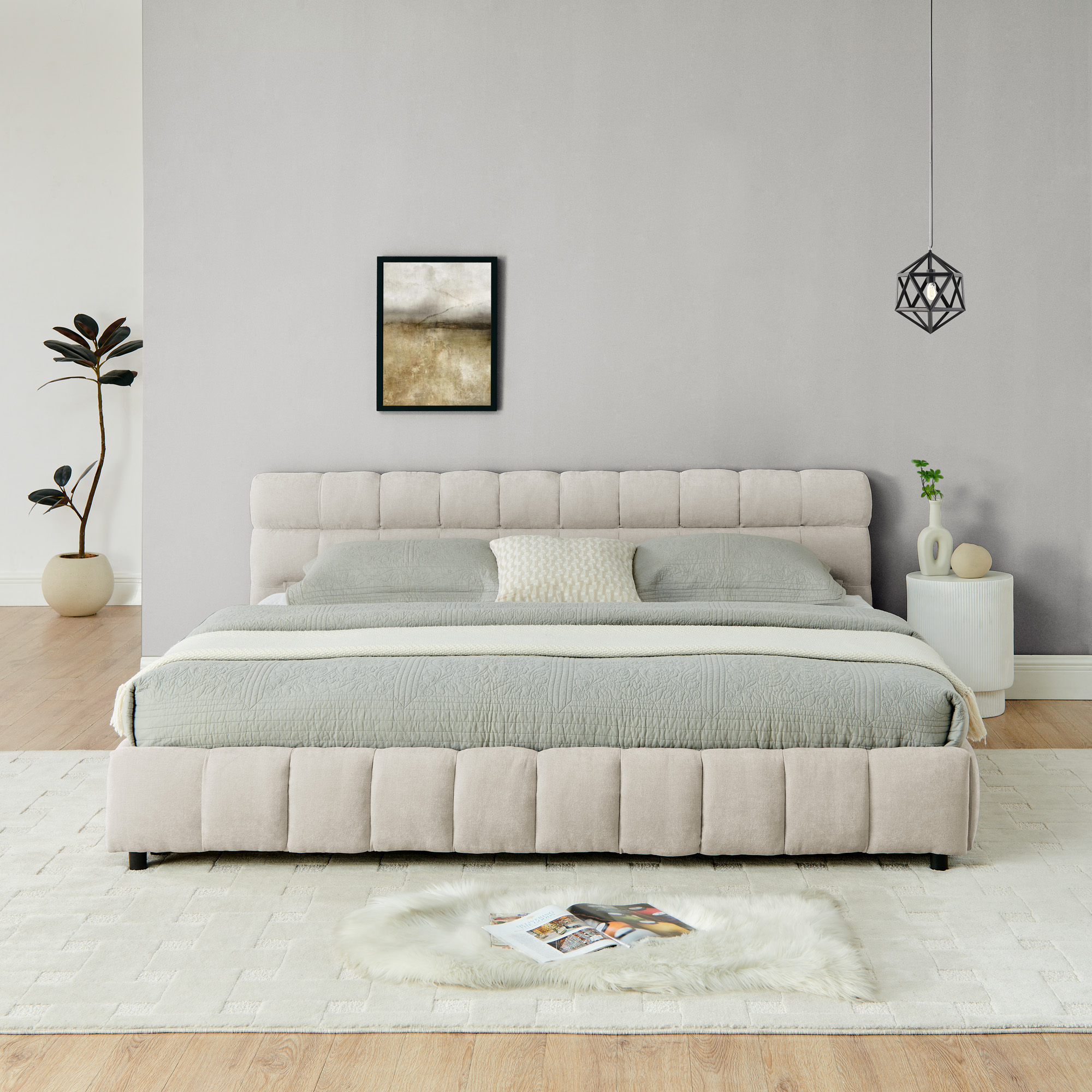King Size Upholstered Bed ,comfortable upholstered bed frame, Chenille fabric, with headboard and solid bed frame. With drawer for storage.-Beige(88.5''*85.5''*31'') - Image 6