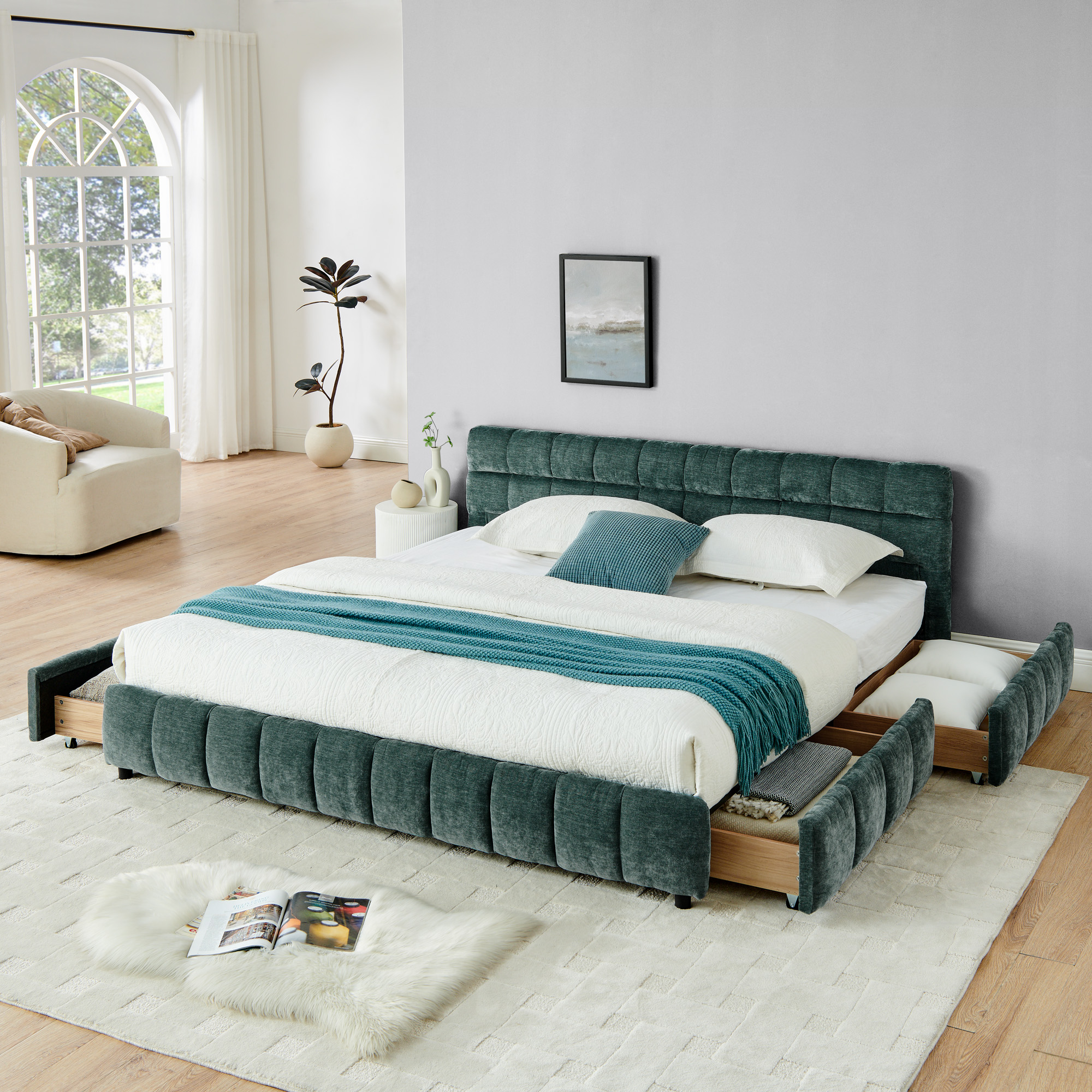 King Size Upholstered Bed ,comfortable upholstered bed frame, Chenille fabric, with headboard and solid bed frame. With drawer for storage-green(88.5”*85.5”*31”)