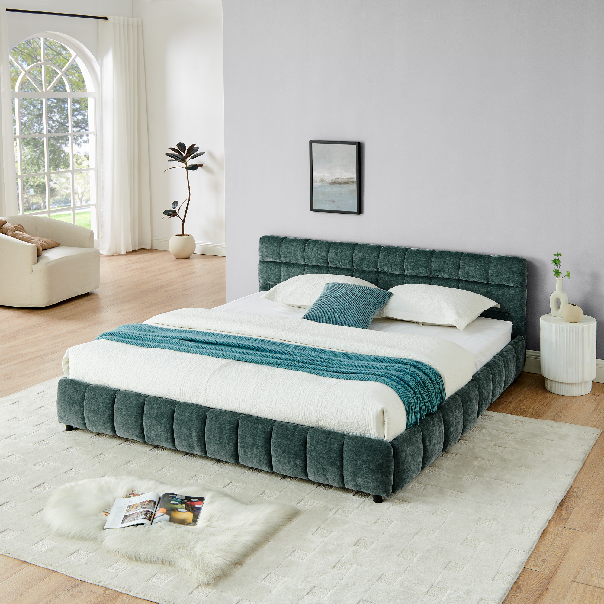 King Size Upholstered Bed ,comfortable upholstered bed frame, Chenille fabric, with headboard and solid bed frame. With drawer for storage-green(88.5''*85.5''*31'') - Image 2