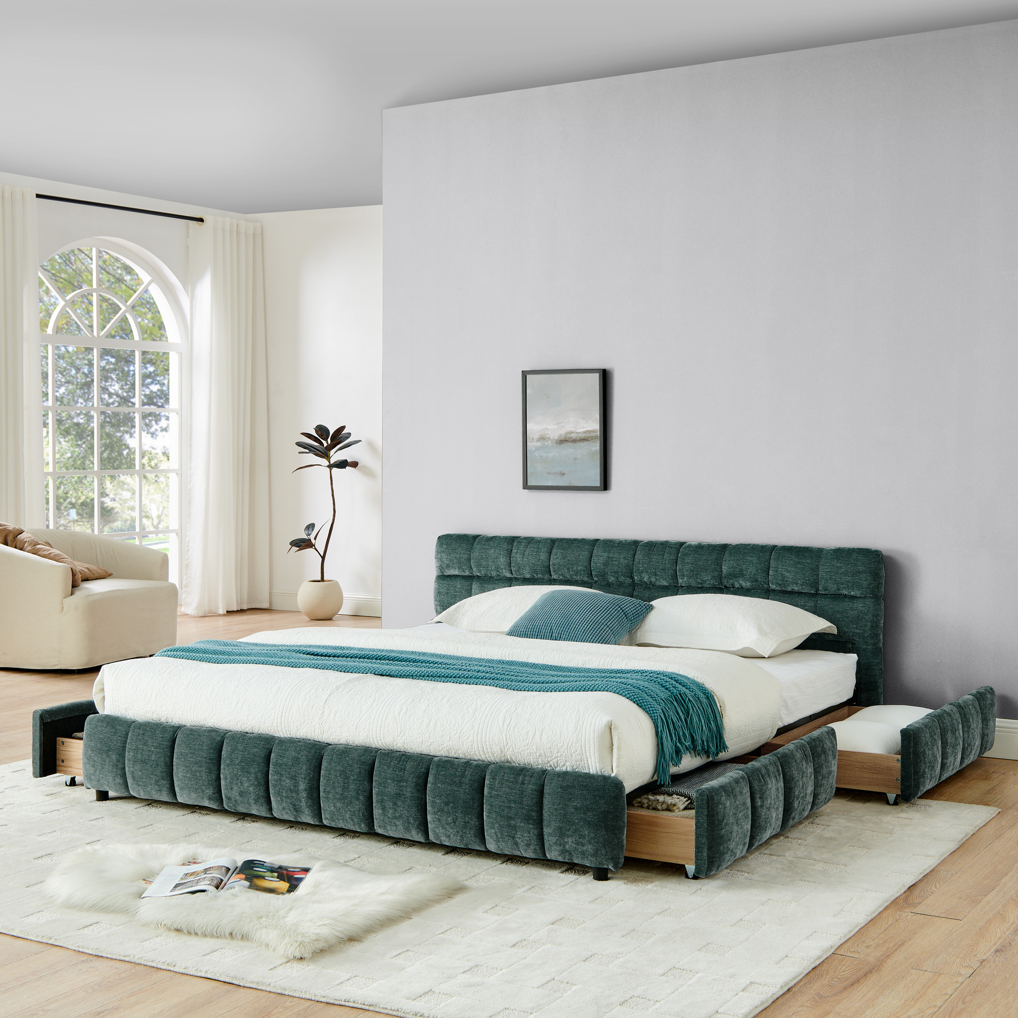 King Size Upholstered Bed ,comfortable upholstered bed frame, Chenille fabric, with headboard and solid bed frame. With drawer for storage-green(88.5''*85.5''*31'') - Image 3
