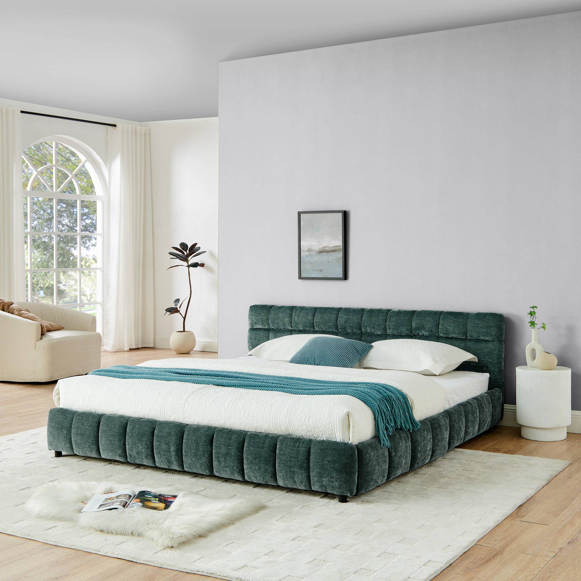 King Size Upholstered Bed ,comfortable upholstered bed frame, Chenille fabric, with headboard and solid bed frame. With drawer for storage-green(88.5''*85.5''*31'') - Image 4