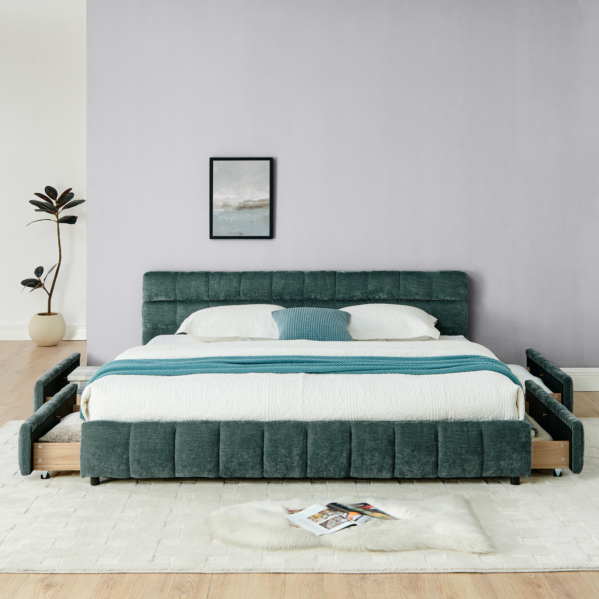 King Size Upholstered Bed ,comfortable upholstered bed frame, Chenille fabric, with headboard and solid bed frame. With drawer for storage-green(88.5''*85.5''*31'') - Image 5