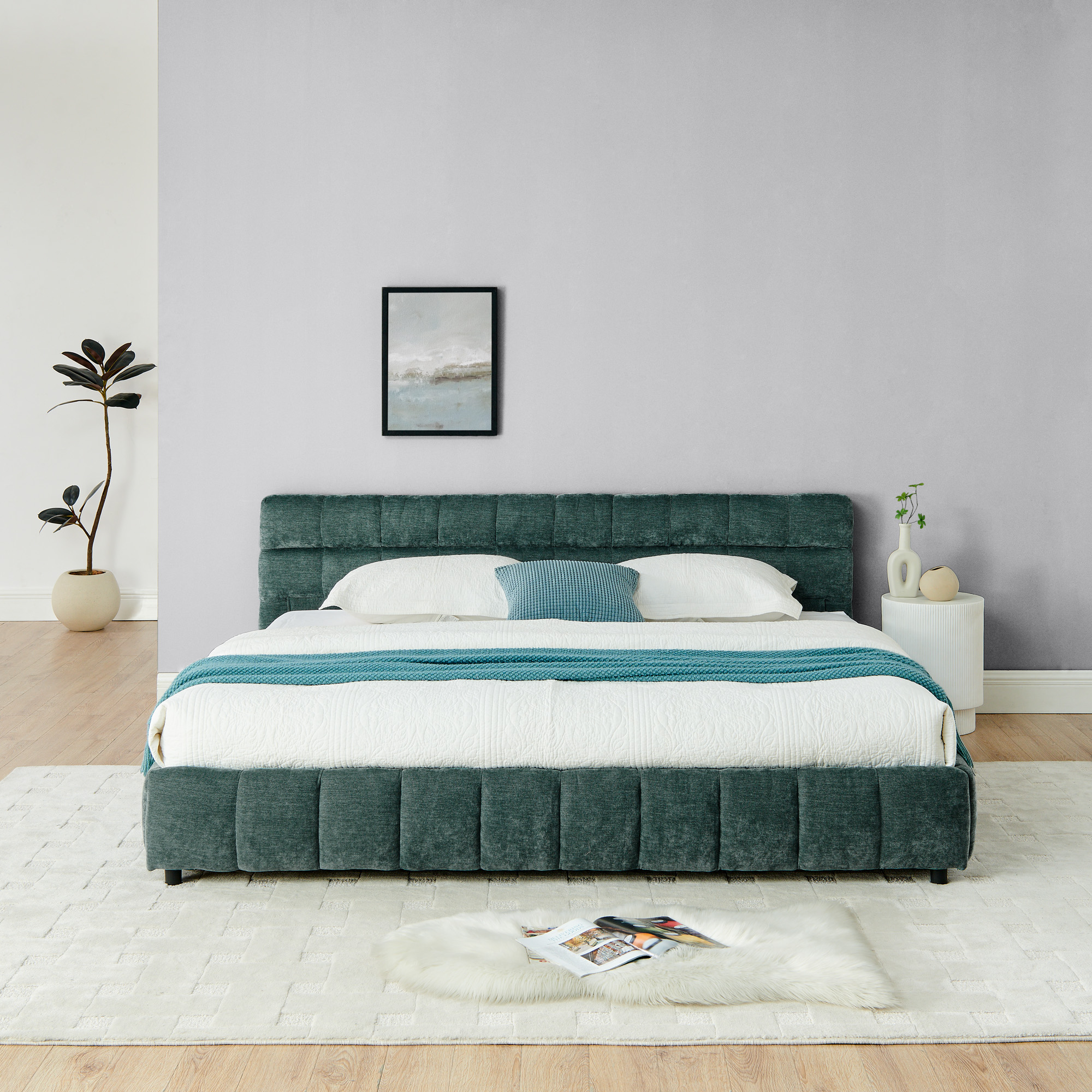 King Size Upholstered Bed ,comfortable upholstered bed frame, Chenille fabric, with headboard and solid bed frame. With drawer for storage-green(88.5''*85.5''*31'') - Image 6