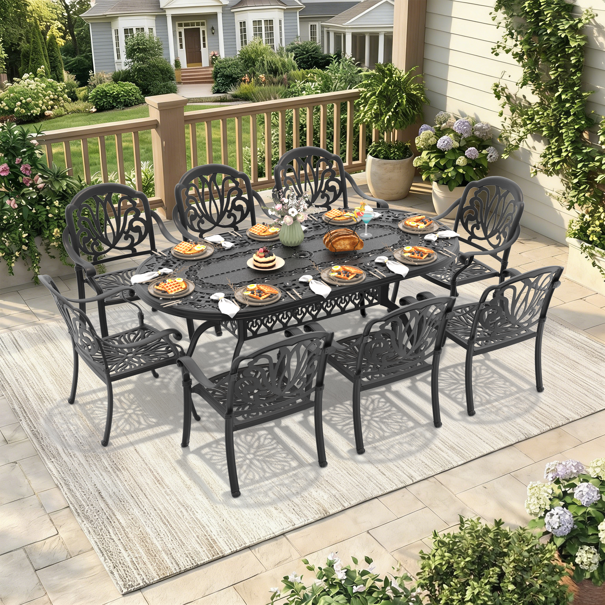 9-Piece Set Of Cast Aluminum Patio Furniture With Black Frame and Brown Seat Cushions(same sku:W1710S00104) - Image 2