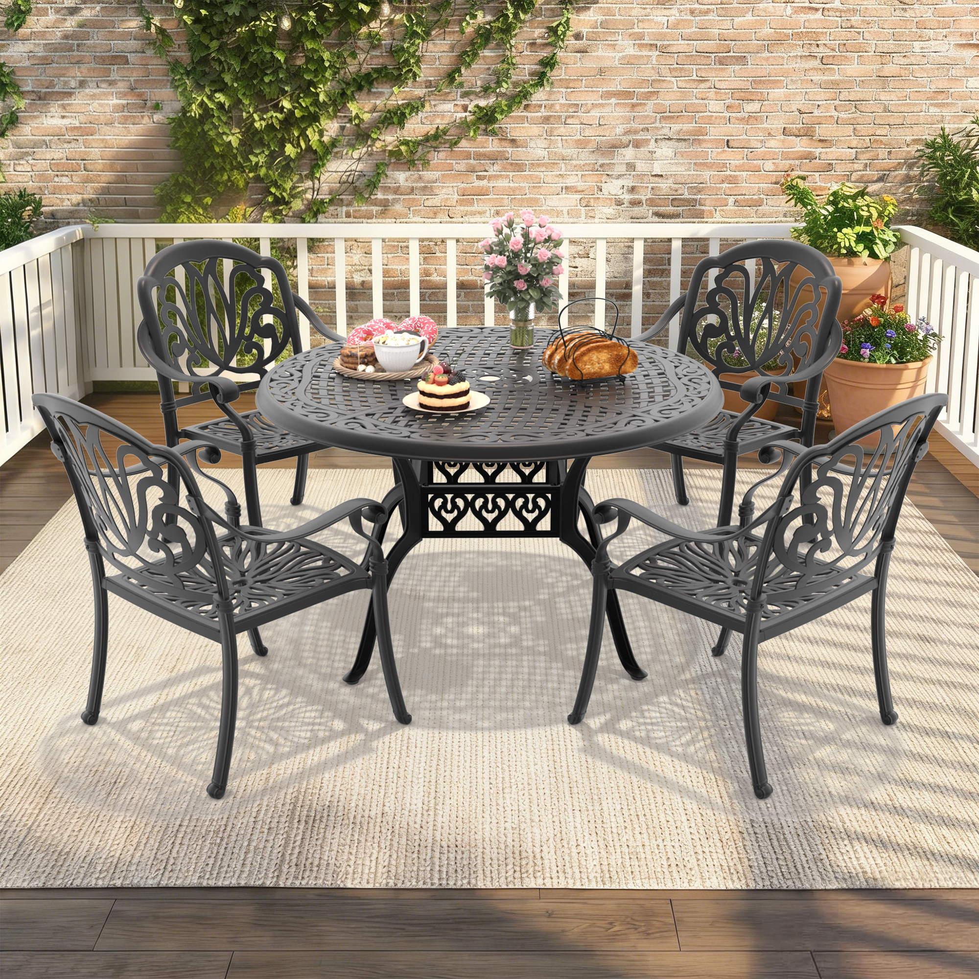 5-Piece Set Of Cast Aluminum Patio Furniture With Black Frame and Brown Seat Cushions(same sku: W1710S00139) - Image 2
