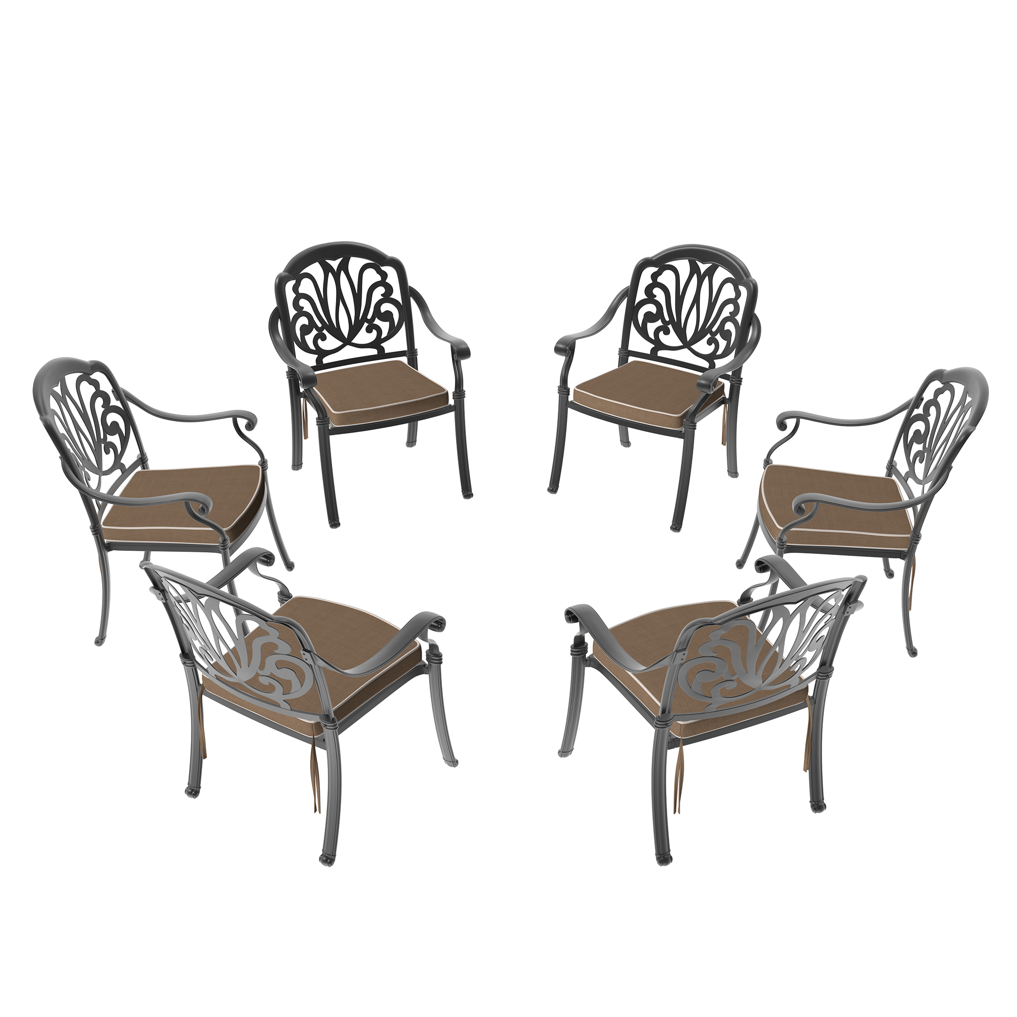 Cast Aluminum Patio Dining Chair 6PCS With Black Frame and Brown Cushions (same as:W1710S00507,W1710P166053) - Image 2