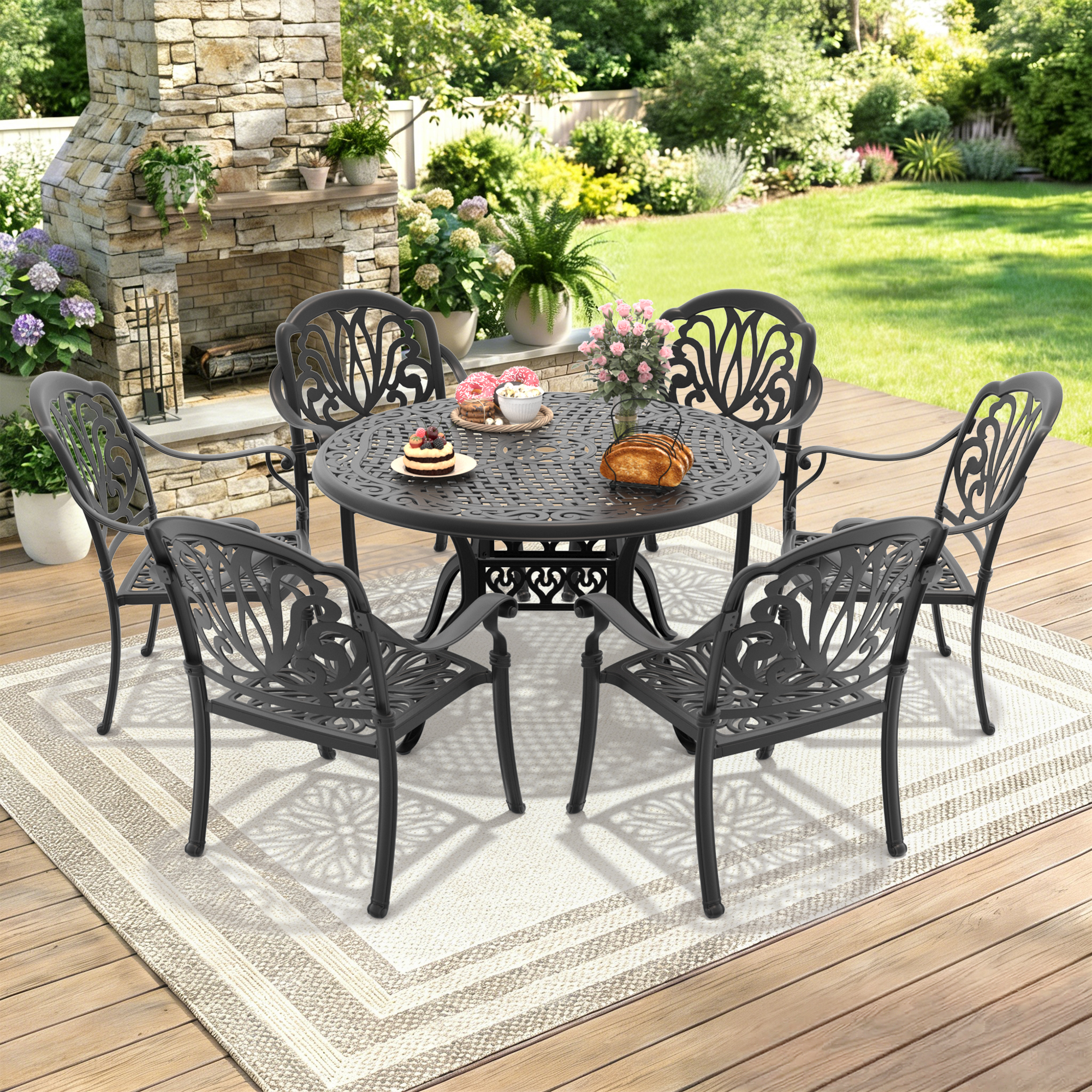 7-Piece Set Of Cast Aluminum Patio Furniture With Brown Cushions (same as:,W1710S00621 , W1710S00140) - Image 2