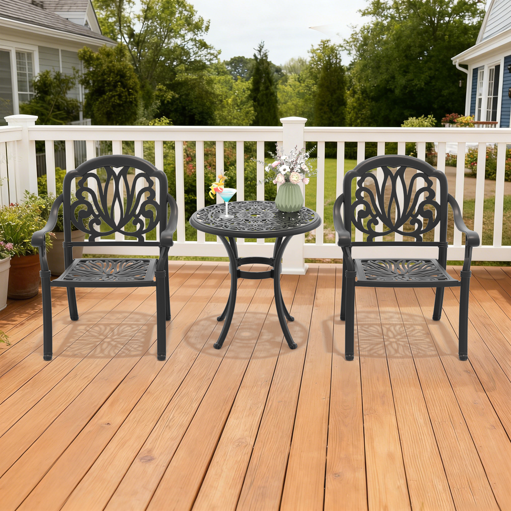 3-Piece Set Of Cast Aluminum Patio Furniture With Black Frame and Brown Seat Cushions - Image 2