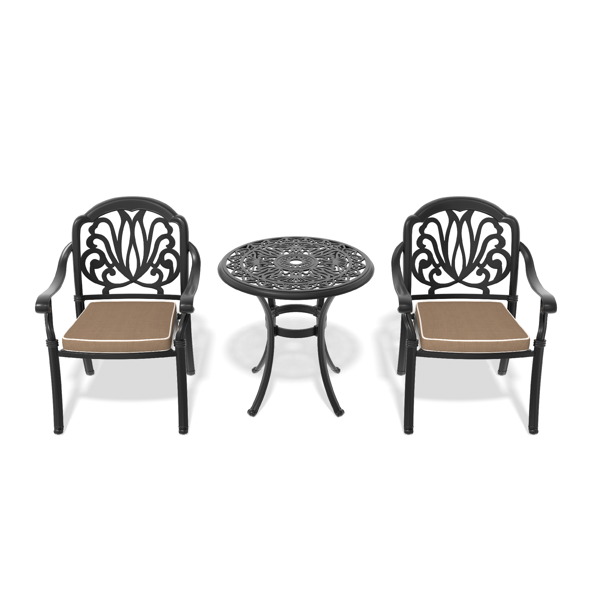 3-Piece Set Of Cast Aluminum Patio Furniture With Black Frame and Brown Seat Cushions - Image 3