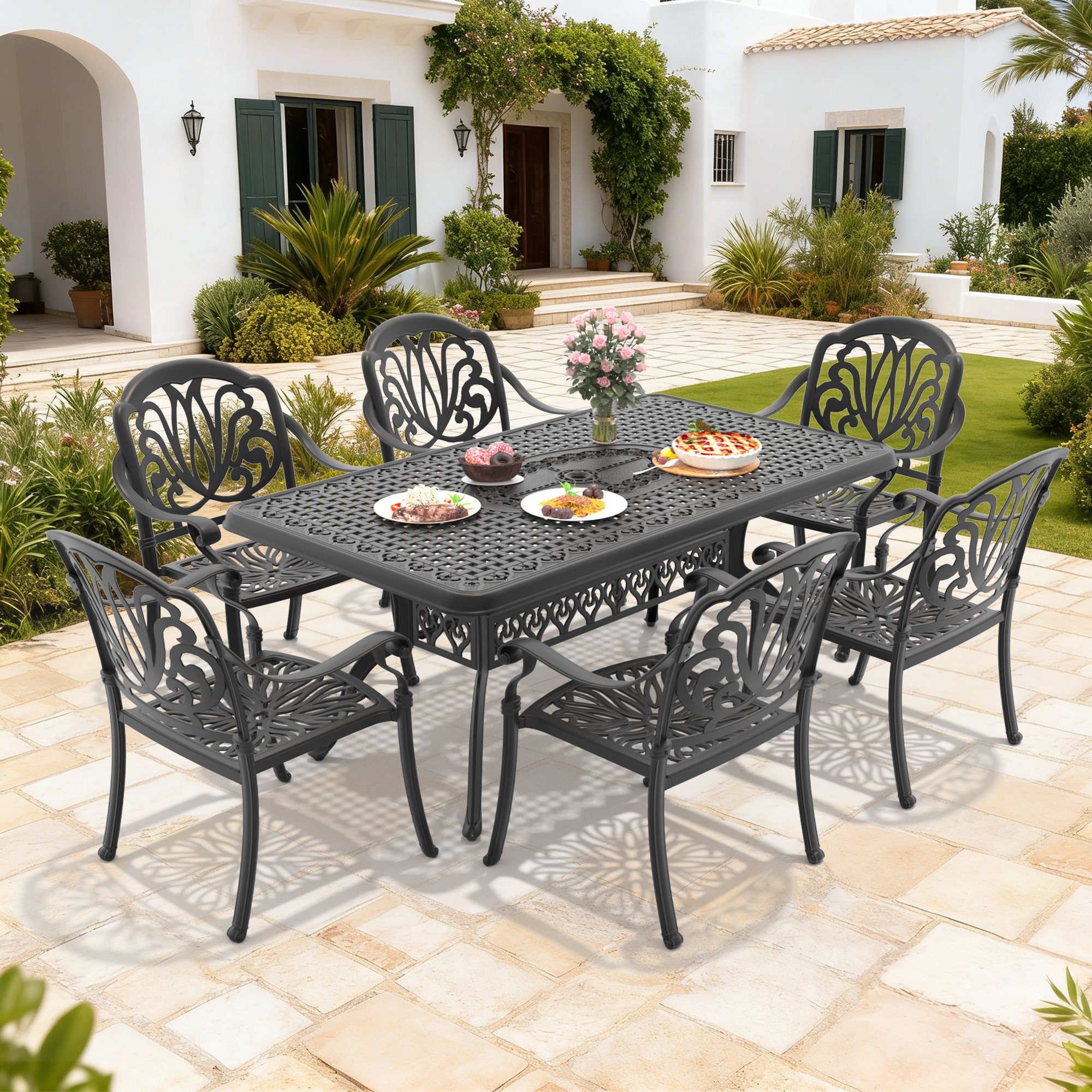 7-Piece Set Of Cast Aluminum Patio Furniture With Black Frame and Brown Cushions (same as:W1710S00590 ,W1710S00098) - Image 2