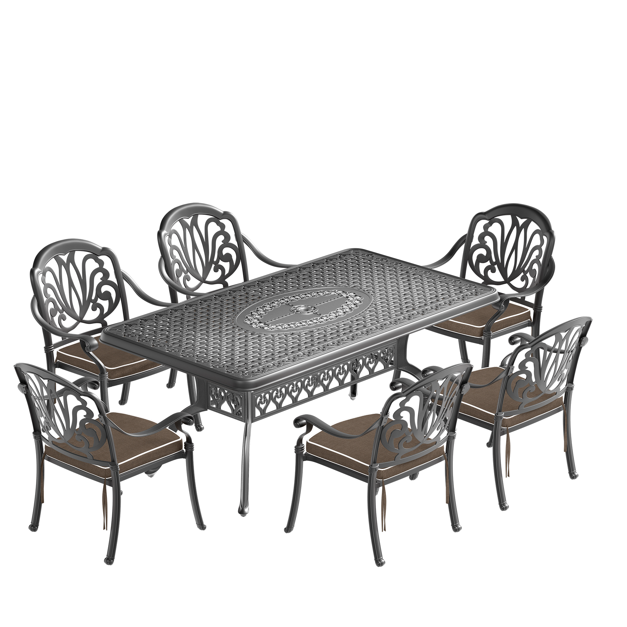 7-Piece Set Of Cast Aluminum Patio Furniture With Black Frame and Brown Cushions (same as:W1710S00590 ,W1710S00098) - Image 3
