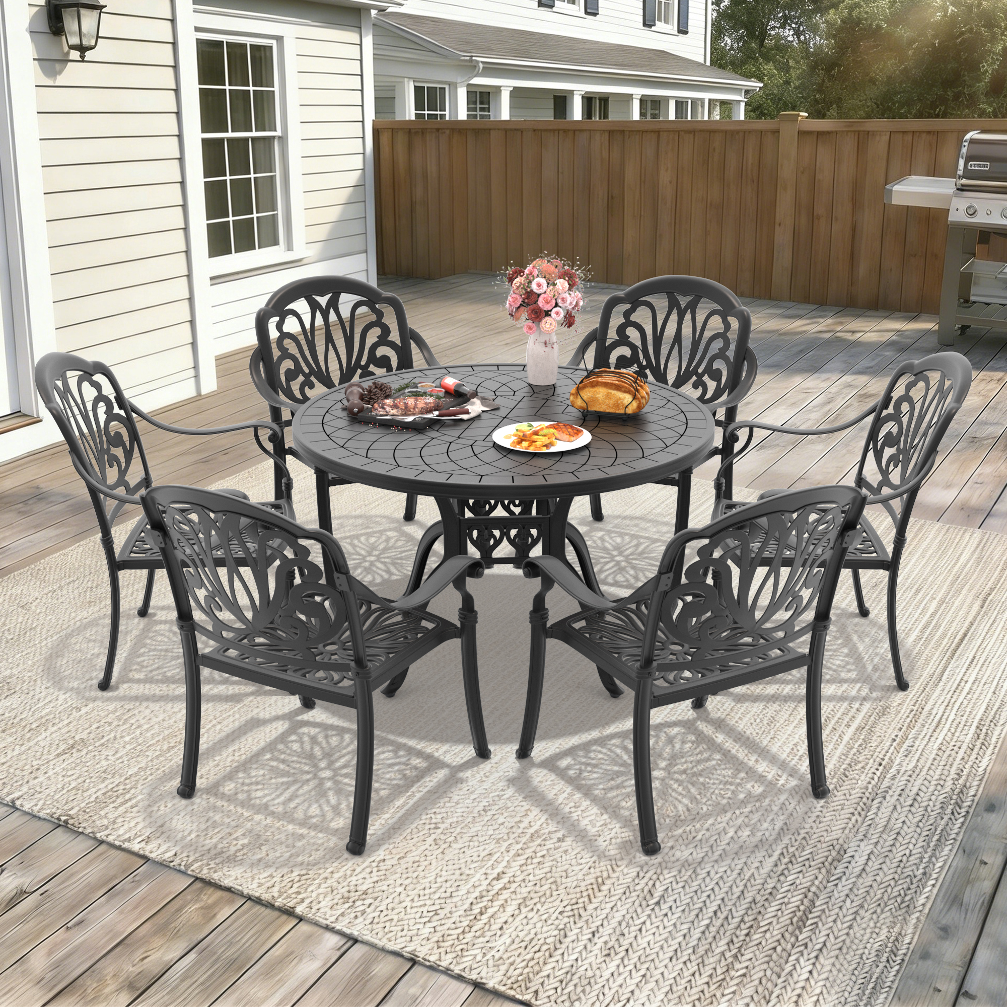 7-Piece Set Of Cast Aluminum Patio Furniture With Brown Cushions (same as:W1710S00484 ,W1710S00074,W1710S00016) - Image 2