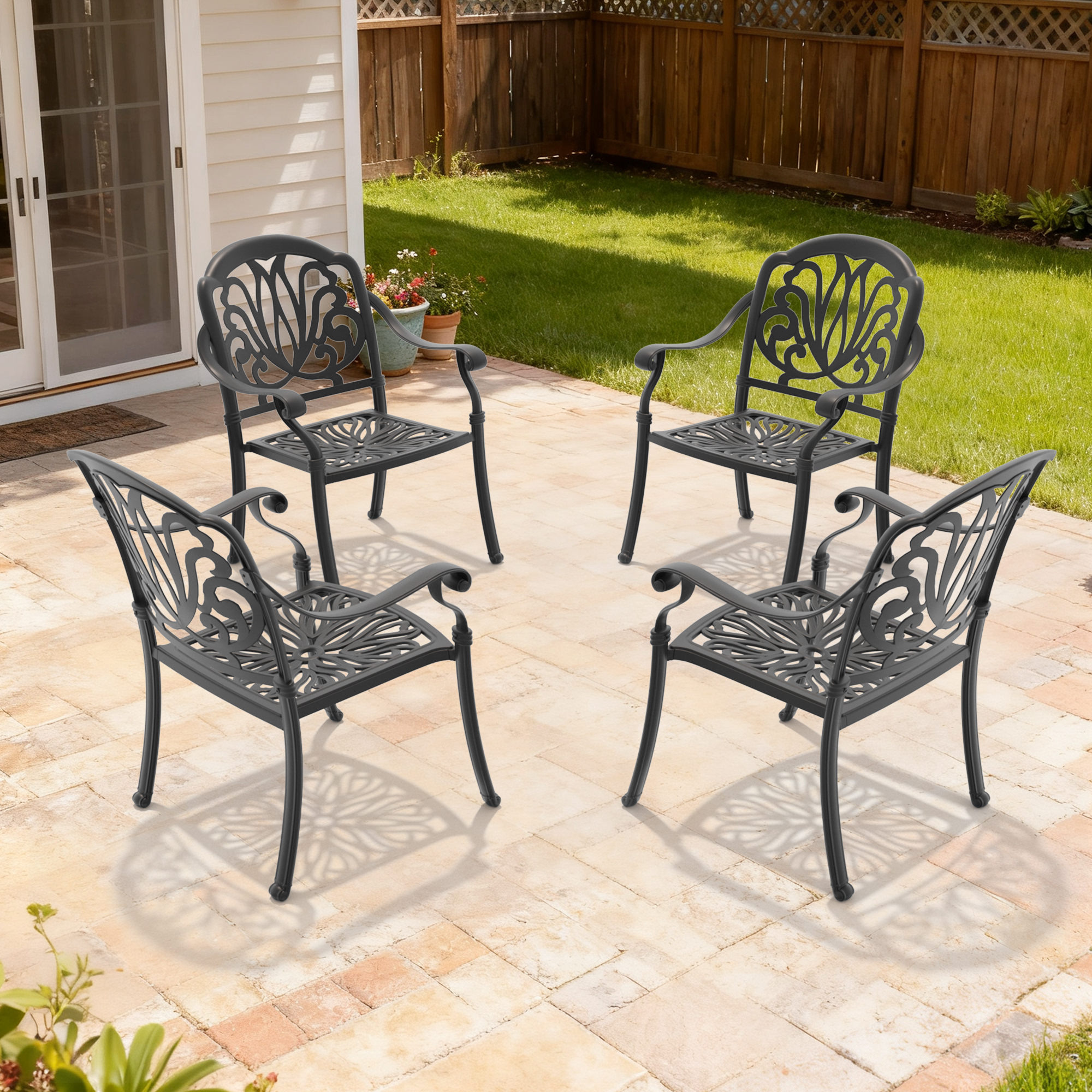 Cast Aluminum Patio Dining Chair 4PCS With Black Frame and Brown Cushions (same sku: W1710P166052,W171091754) - Image 2