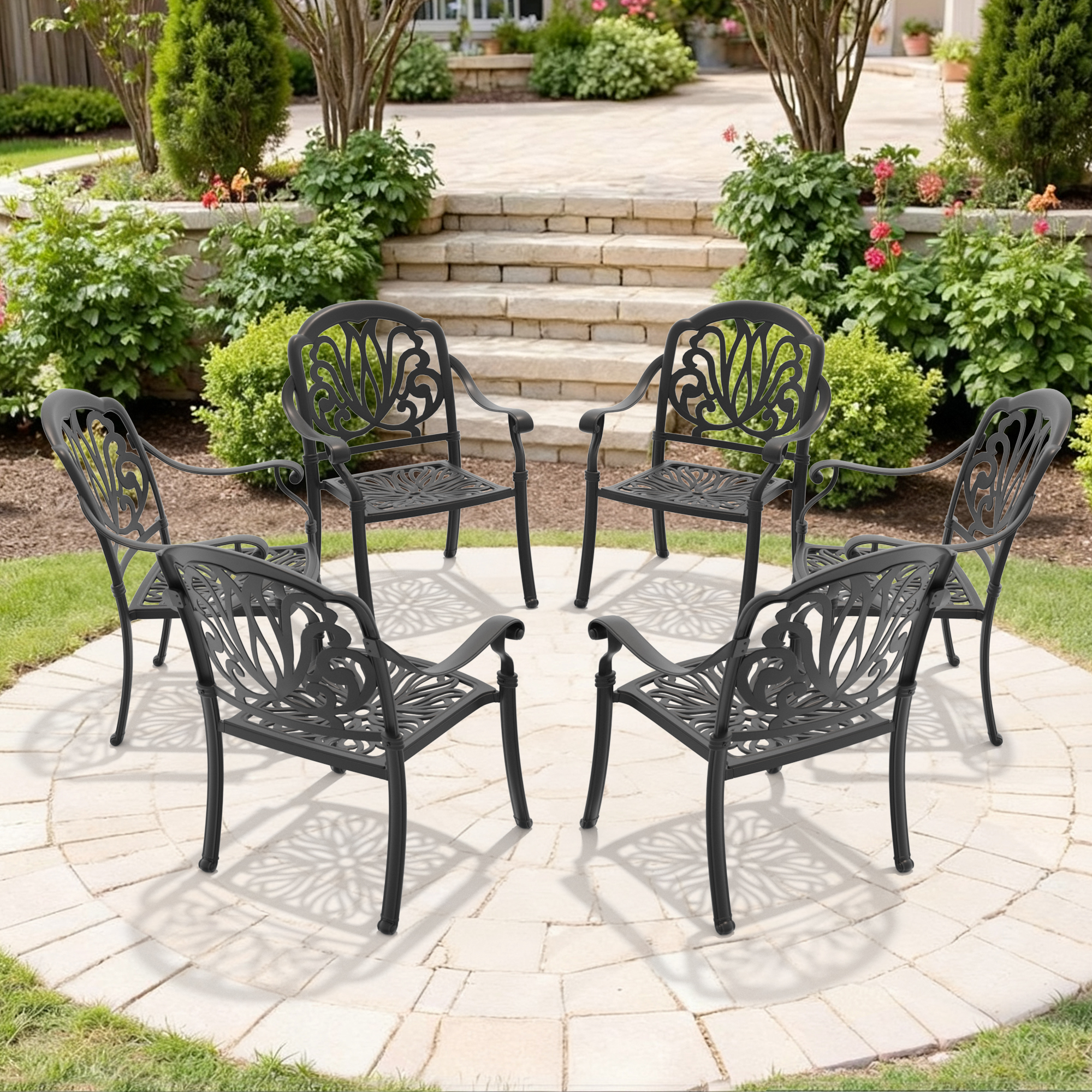 Cast Aluminum Patio Dining Chair 6PCS With Black Frame and Brown Cushions (same as:W1710P166053 ,W1710S00479) - Image 2
