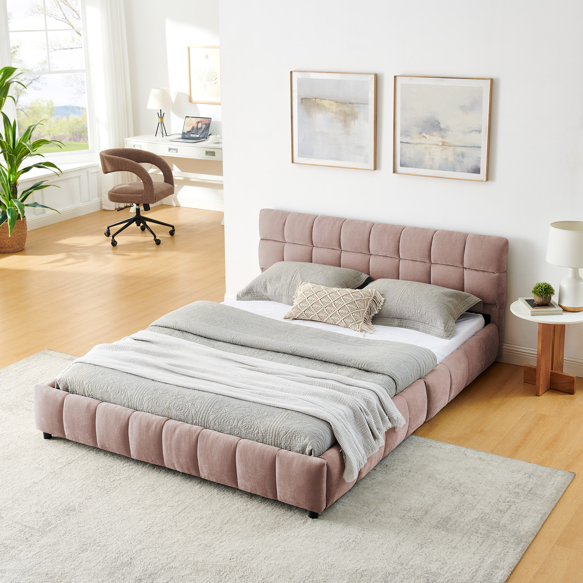 Queen Size Upholstered Bed ,comfortable upholstered bed frame, Chenille fabric, with headboard and solid bed frame. With drawer for storage.-Pink(88.5''*68.5''*31'') - Image 2