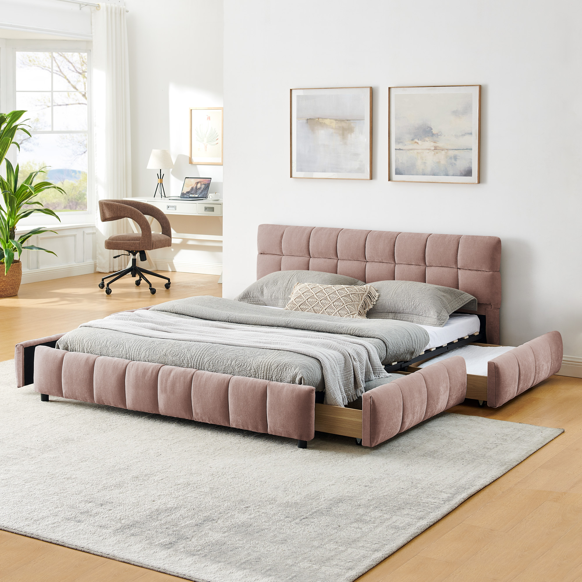Queen Size Upholstered Bed ,comfortable upholstered bed frame, Chenille fabric, with headboard and solid bed frame. With drawer for storage.-Pink(88.5”*68.5”*31”)