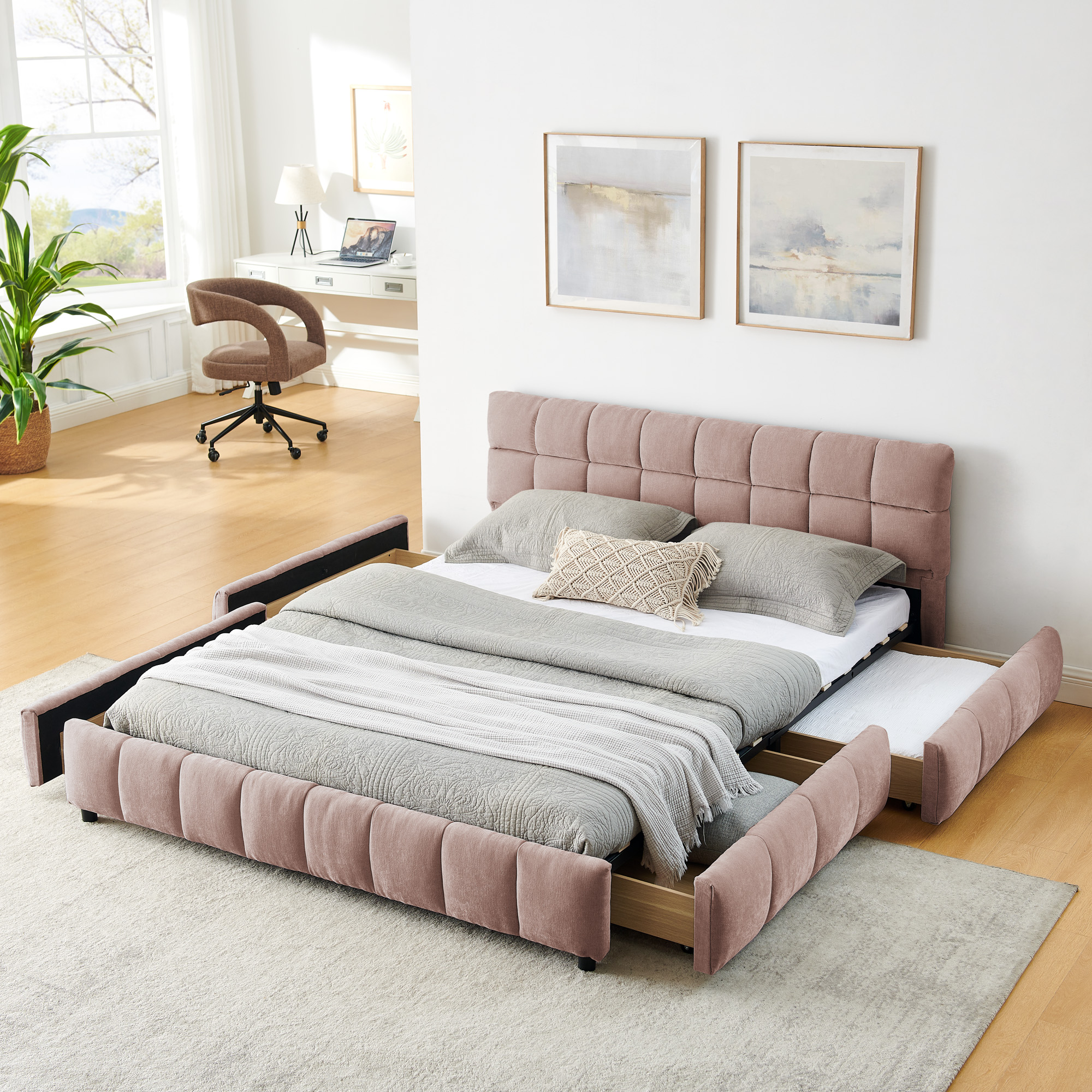 Queen Size Upholstered Bed ,comfortable upholstered bed frame, Chenille fabric, with headboard and solid bed frame. With drawer for storage.-Pink(88.5''*68.5''*31'') - Image 3