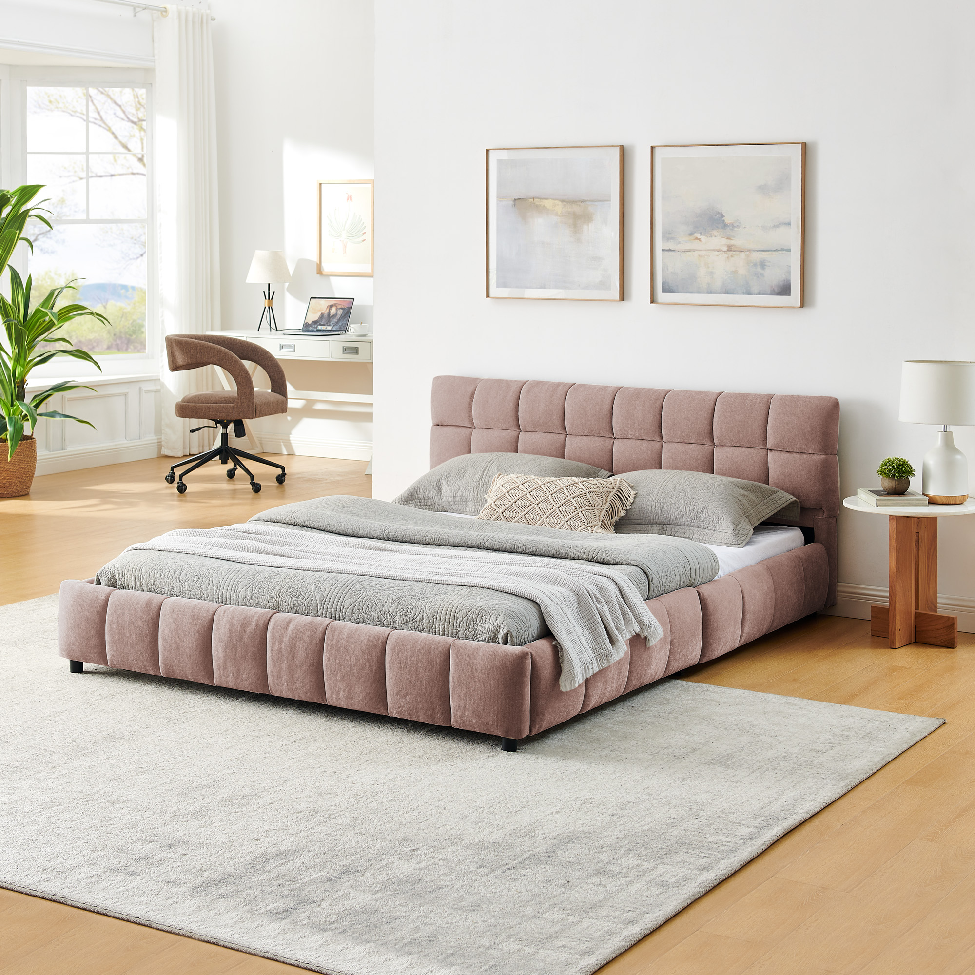 Queen Size Upholstered Bed ,comfortable upholstered bed frame, Chenille fabric, with headboard and solid bed frame. With drawer for storage.-Pink(88.5''*68.5''*31'') - Image 4