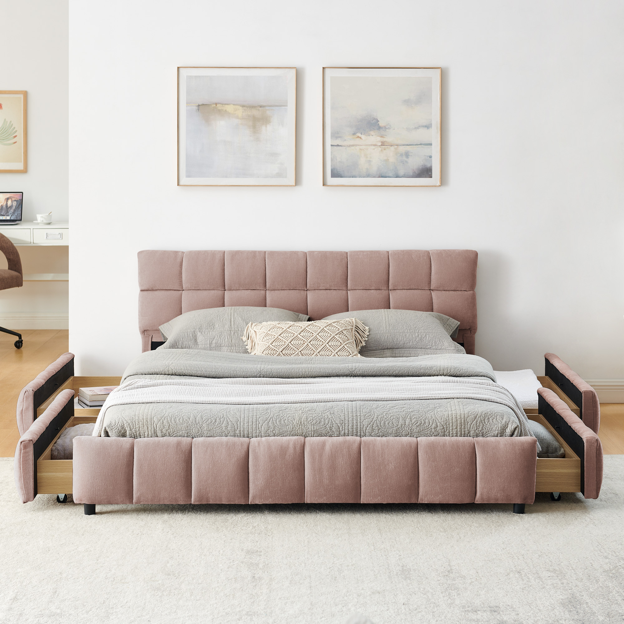 Queen Size Upholstered Bed ,comfortable upholstered bed frame, Chenille fabric, with headboard and solid bed frame. With drawer for storage.-Pink(88.5''*68.5''*31'') - Image 5