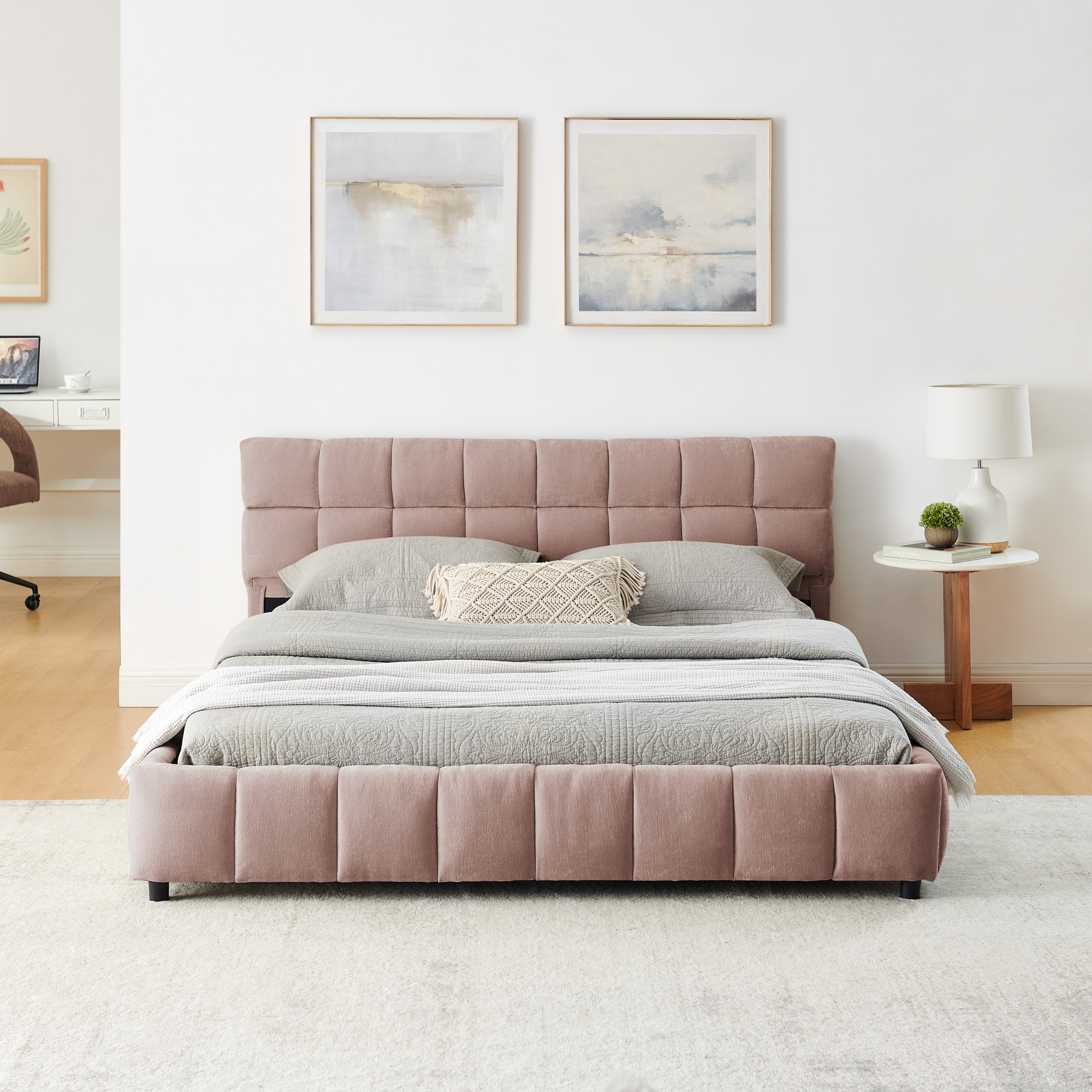 Queen Size Upholstered Bed ,comfortable upholstered bed frame, Chenille fabric, with headboard and solid bed frame. With drawer for storage.-Pink(88.5''*68.5''*31'') - Image 6