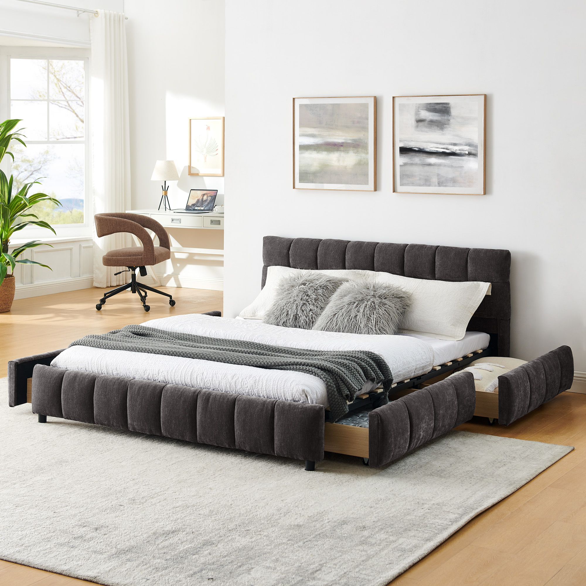 Queen Size Upholstered Bed ,comfortable upholstered bed frame, Chenille fabric, with headboard and solid bed frame. With drawer for storage.-Dark Gray(88.5''*68.5''*31'') - Image 3