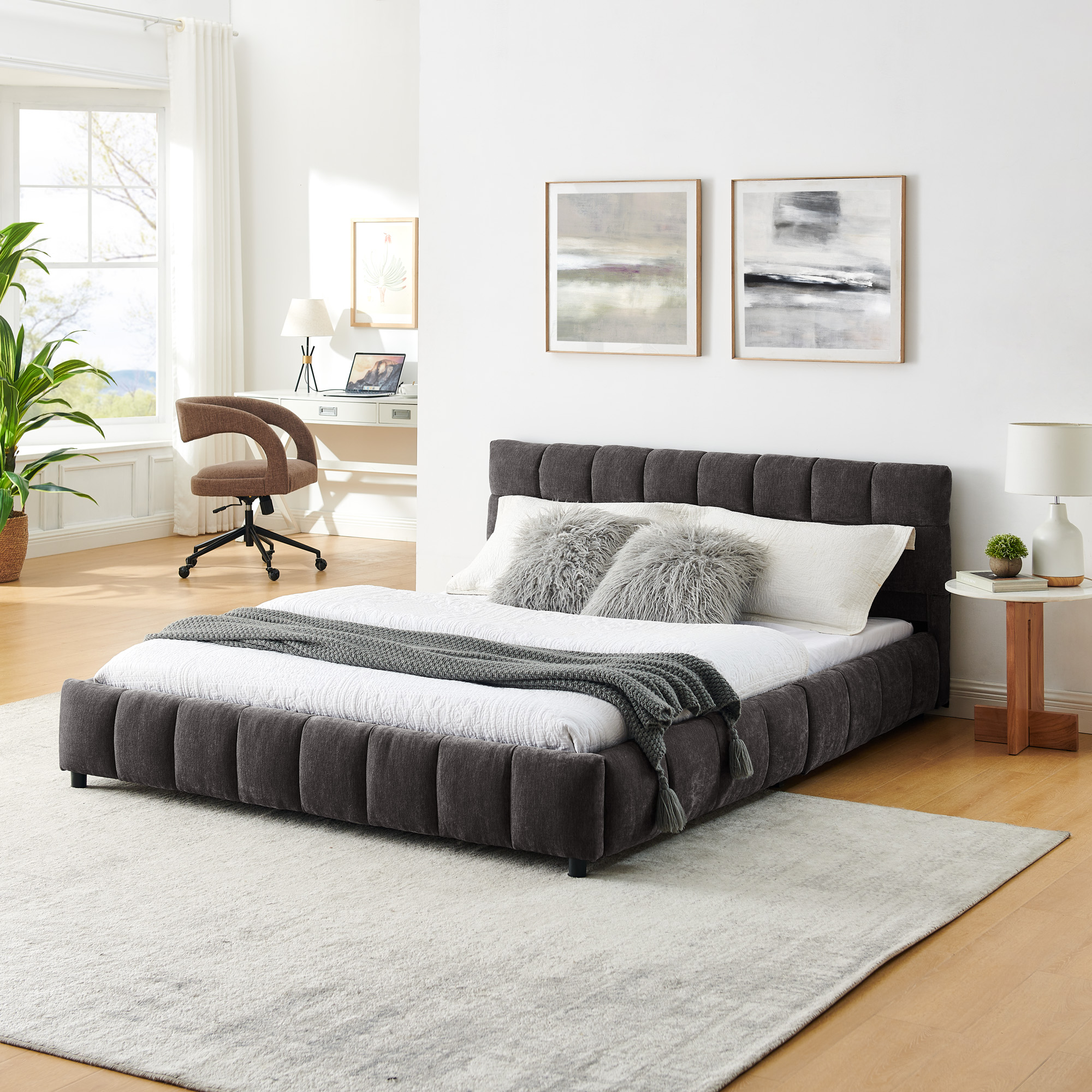 Queen Size Upholstered Bed ,comfortable upholstered bed frame, Chenille fabric, with headboard and solid bed frame. With drawer for storage.-Dark Gray(88.5''*68.5''*31'') - Image 4