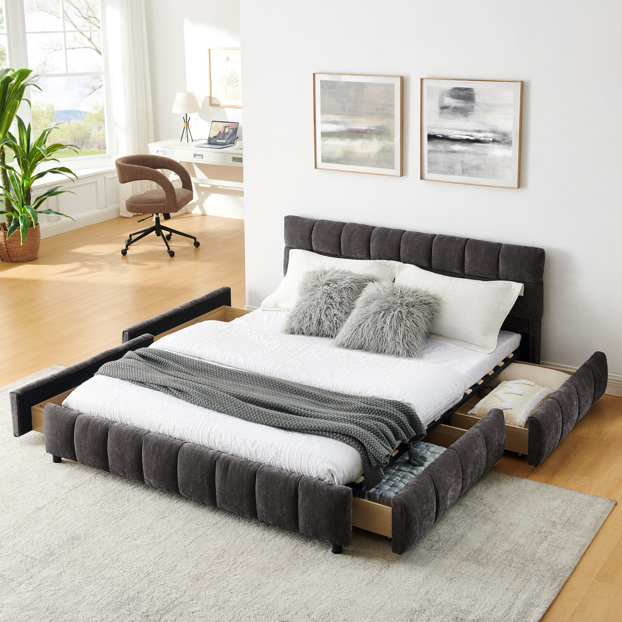 Queen Size Upholstered Bed ,comfortable upholstered bed frame, Chenille fabric, with headboard and solid bed frame. With drawer for storage.-Dark Gray(88.5''*68.5''*31'') - Image 1