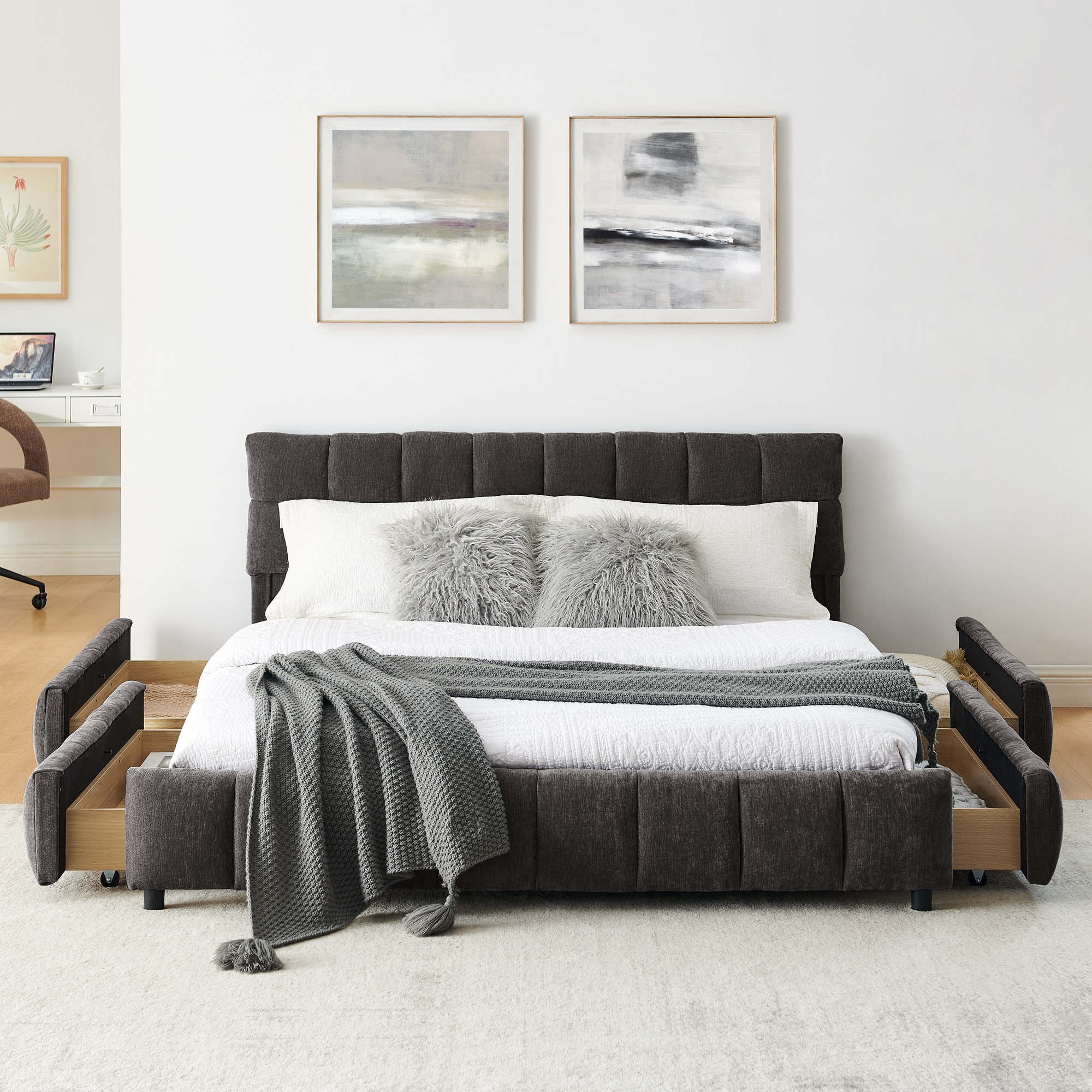 Queen Size Upholstered Bed ,comfortable upholstered bed frame, Chenille fabric, with headboard and solid bed frame. With drawer for storage.-Dark Gray(88.5''*68.5''*31'') - Image 5