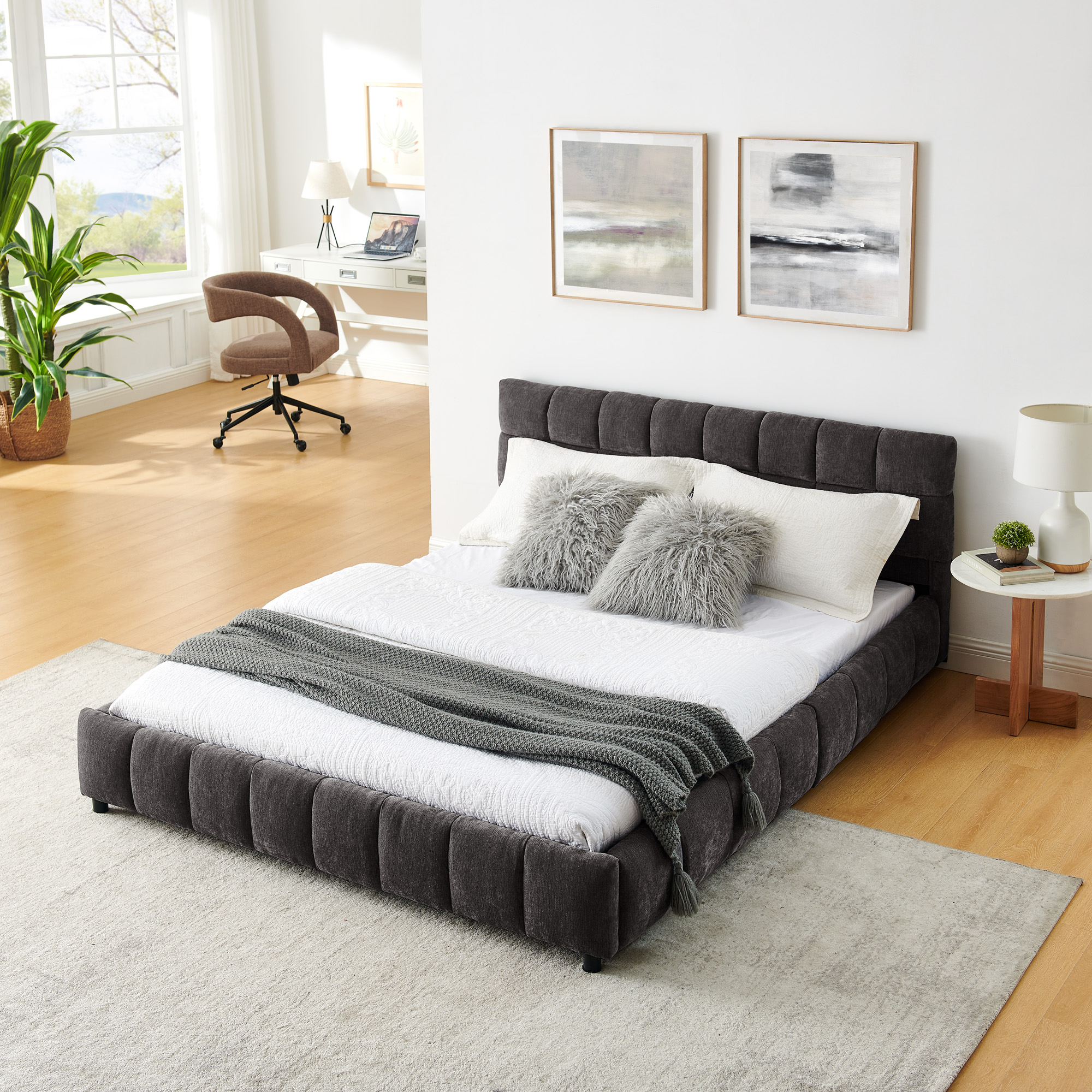 Queen Size Upholstered Bed ,comfortable upholstered bed frame, Chenille fabric, with headboard and solid bed frame. With drawer for storage.-Dark Gray(88.5''*68.5''*31'') - Image 2
