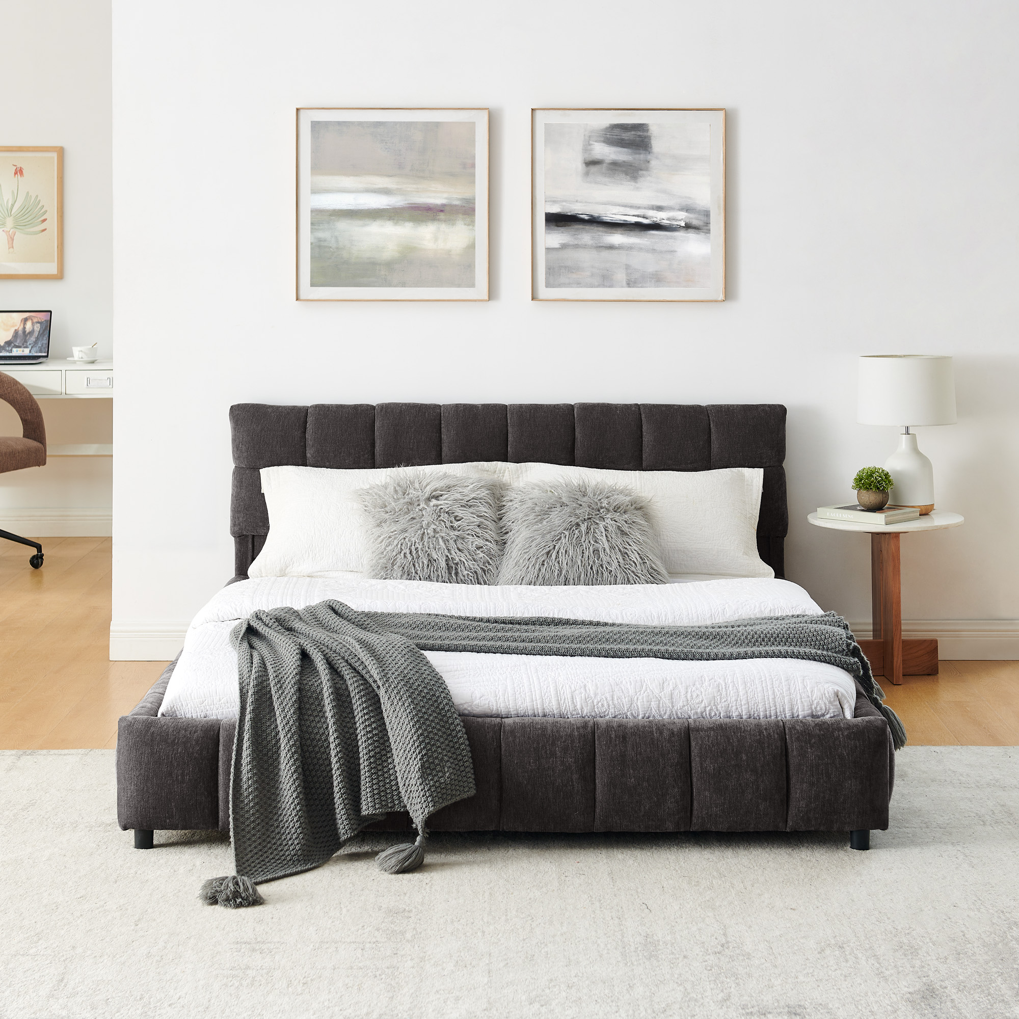 Queen Size Upholstered Bed ,comfortable upholstered bed frame, Chenille fabric, with headboard and solid bed frame. With drawer for storage.-Dark Gray(88.5''*68.5''*31'') - Image 6