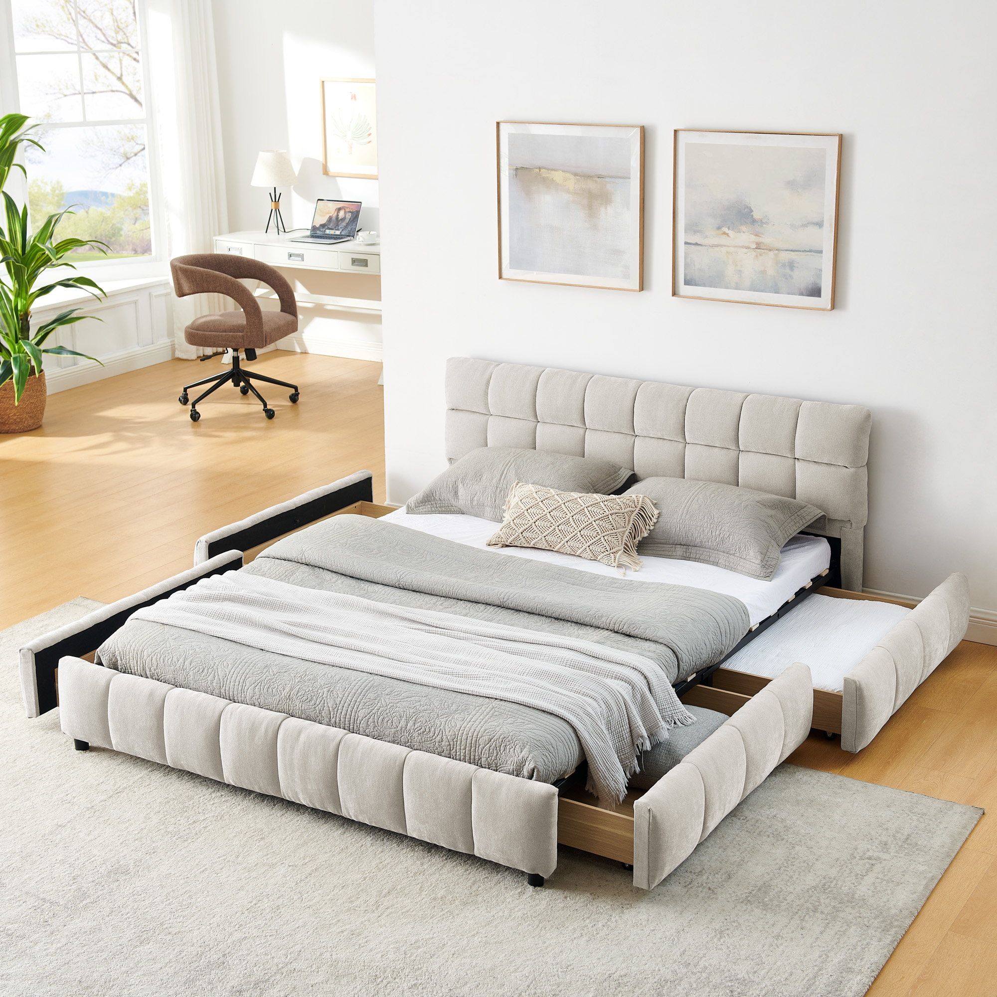 Queen Size Upholstered Bed ,comfortable upholstered bed frame, Chenille fabric, with headboard and solid bed frame. With drawer for storage.-Beige(88.5''*68.5''*31'') - Image 1
