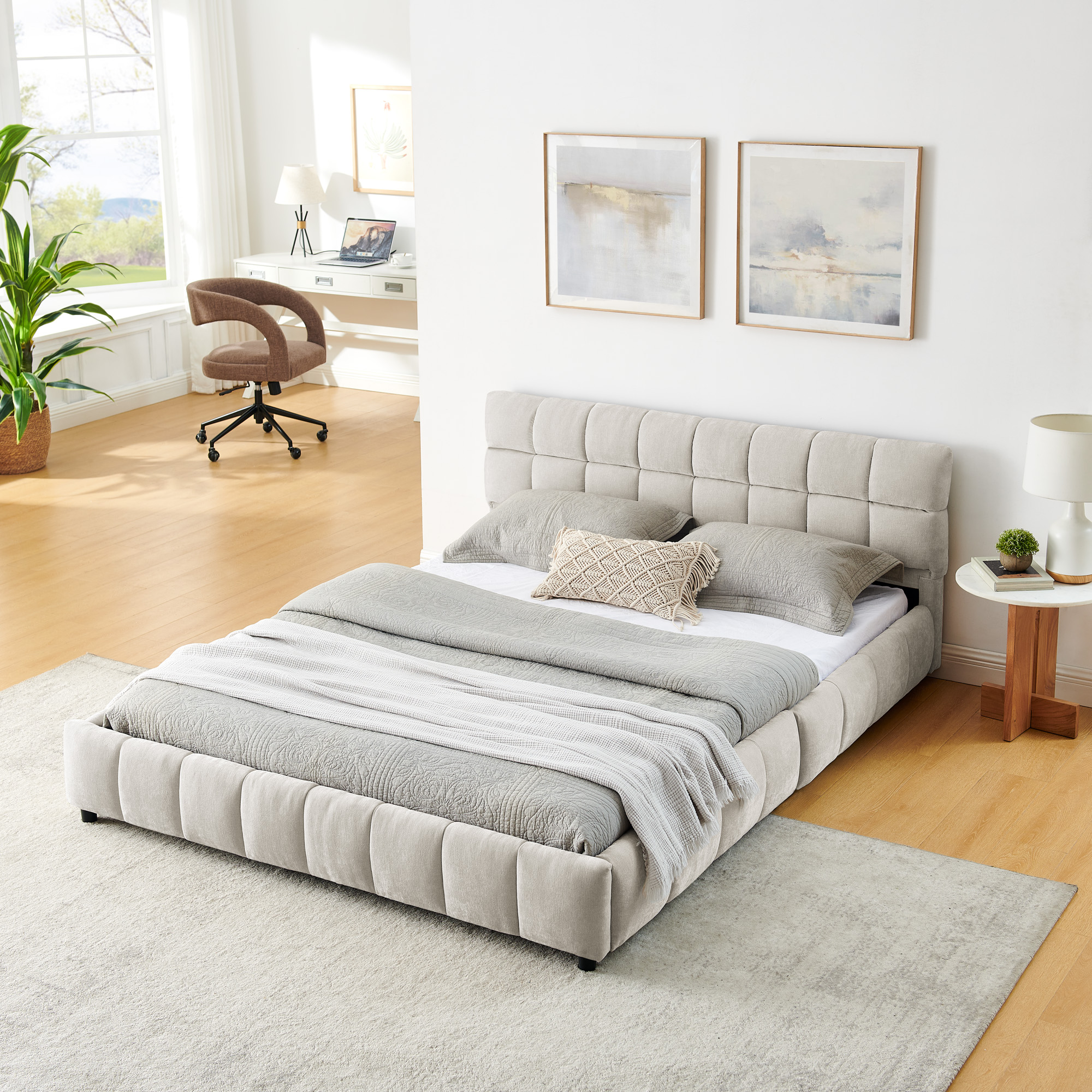 Queen Size Upholstered Bed ,comfortable upholstered bed frame, Chenille fabric, with headboard and solid bed frame. With drawer for storage.-Beige(88.5''*68.5''*31'') - Image 2