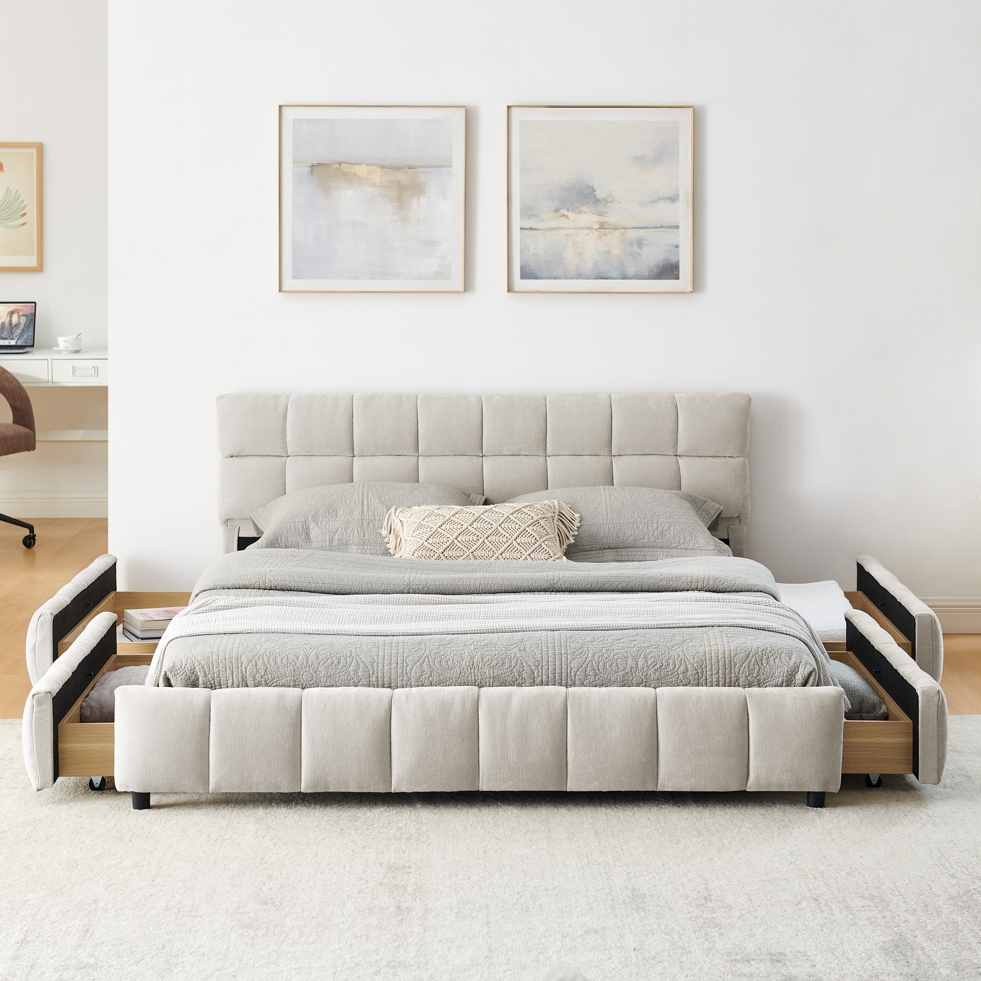 Queen Size Upholstered Bed ,comfortable upholstered bed frame, Chenille fabric, with headboard and solid bed frame. With drawer for storage.-Beige(88.5''*68.5''*31'') - Image 3