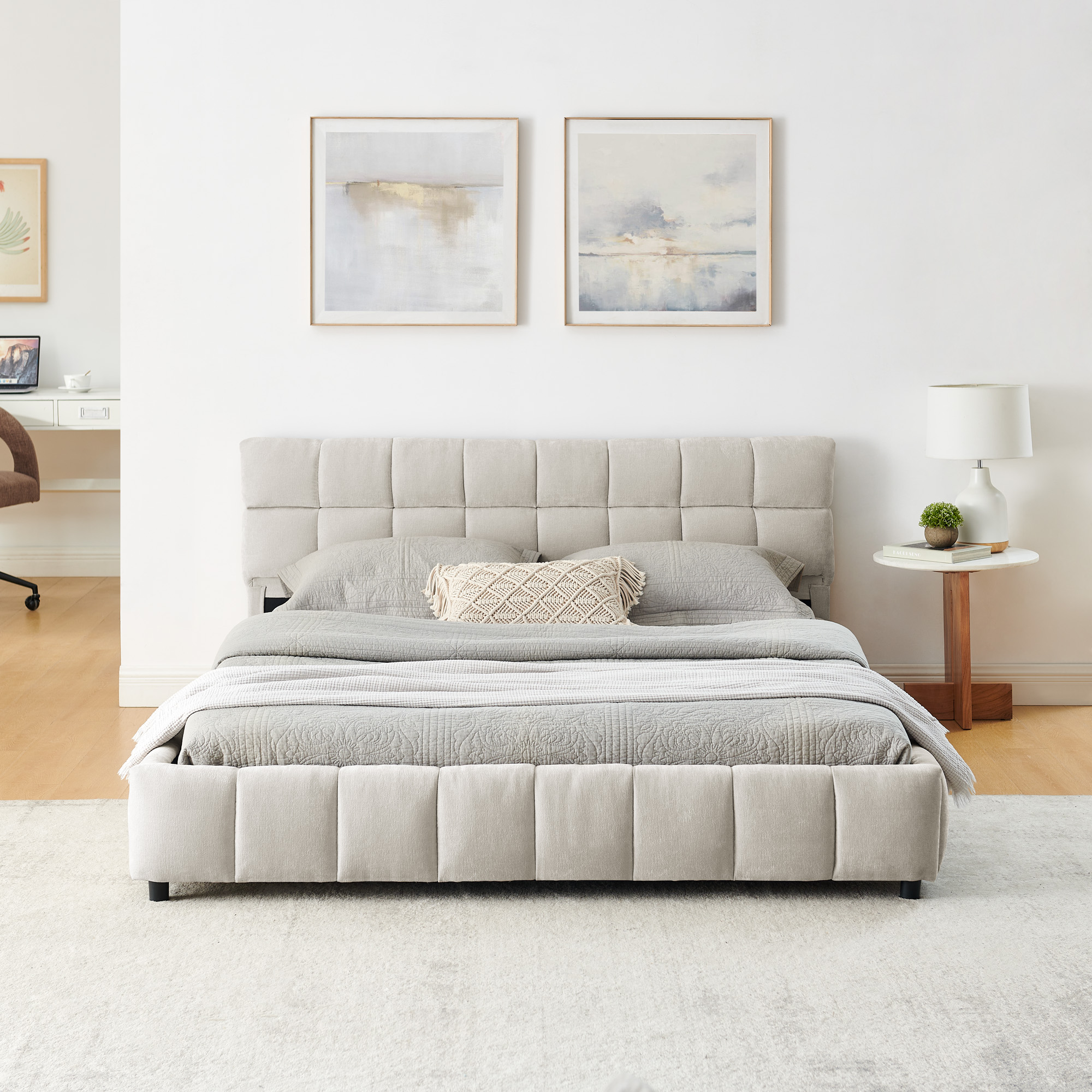 Queen Size Upholstered Bed ,comfortable upholstered bed frame, Chenille fabric, with headboard and solid bed frame. With drawer for storage.-Beige(88.5''*68.5''*31'') - Image 4