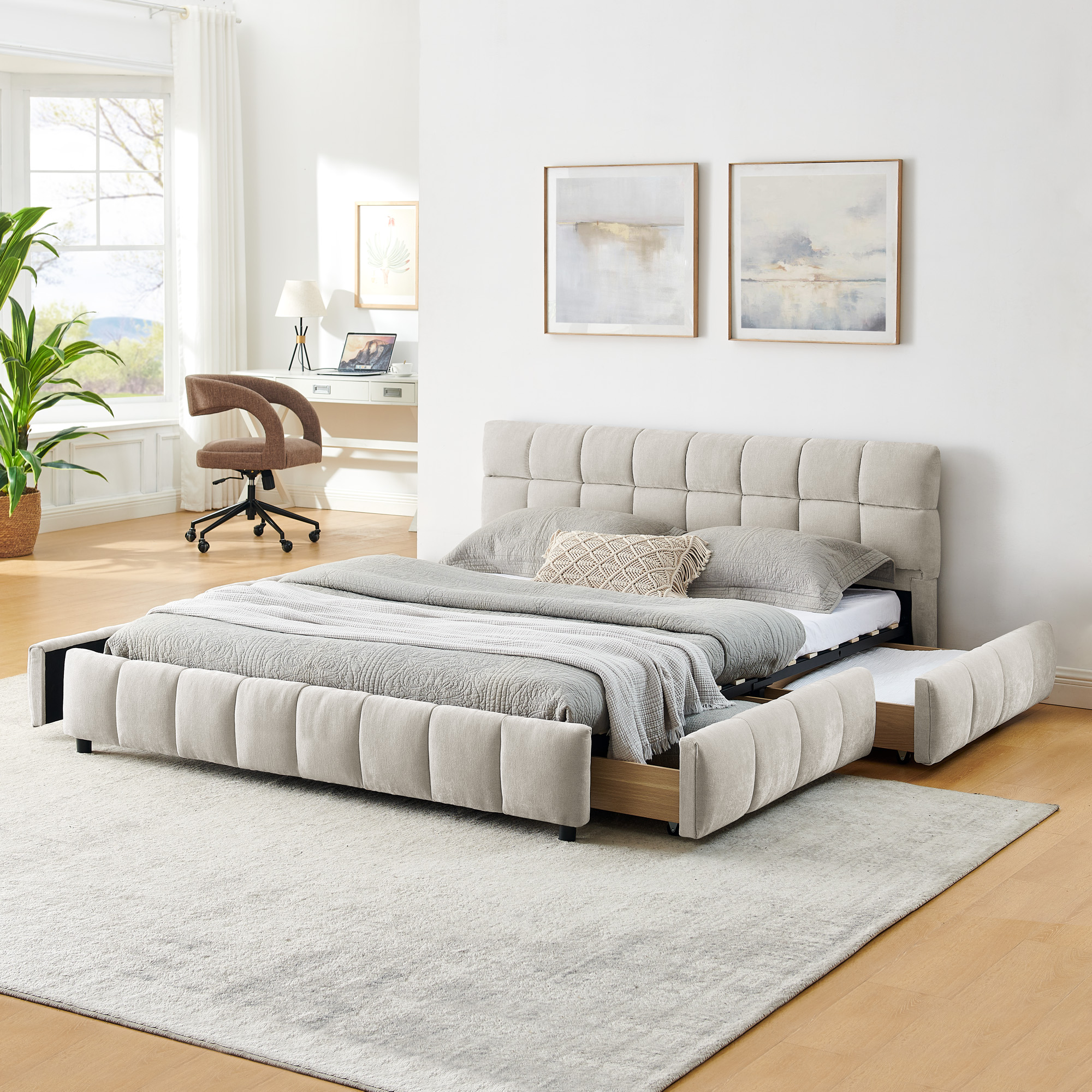 Queen Size Upholstered Bed ,comfortable upholstered bed frame, Chenille fabric, with headboard and solid bed frame. With drawer for storage.-Beige(88.5''*68.5''*31'') - Image 5