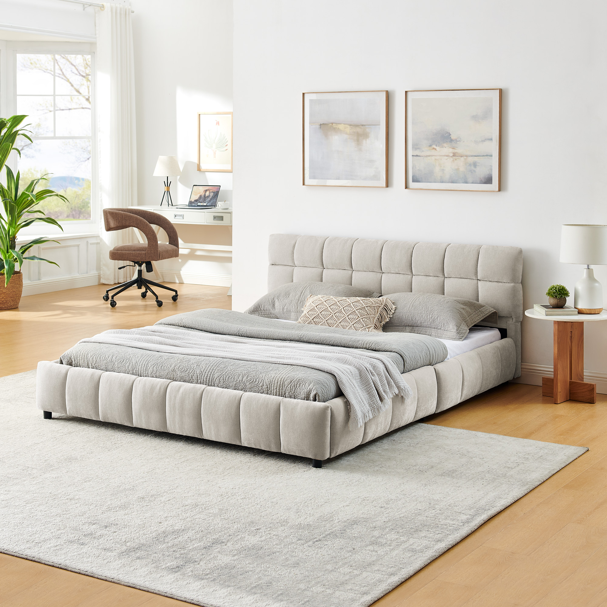 Queen Size Upholstered Bed ,comfortable upholstered bed frame, Chenille fabric, with headboard and solid bed frame. With drawer for storage.-Beige(88.5''*68.5''*31'') - Image 6