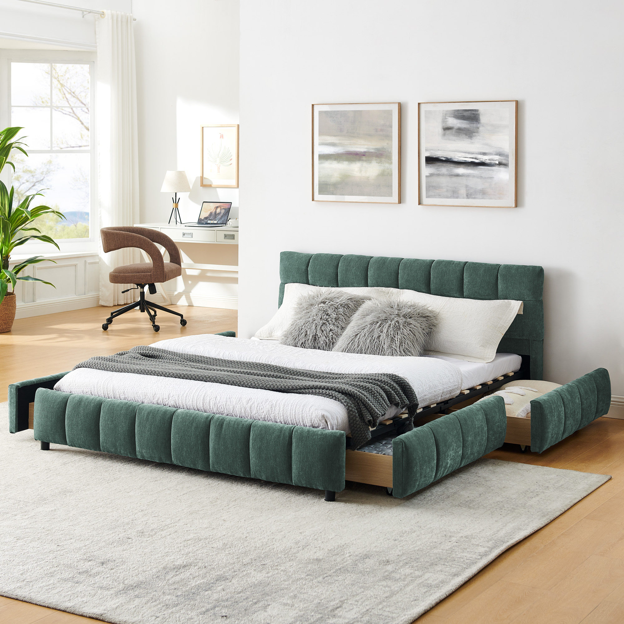 Queen Size Upholstered Bed ,comfortable upholstered bed frame, Chenille fabric, with headboard and solid bed frame. With drawer for storage.-green(88.5''*68.5''*31'') - Image 1