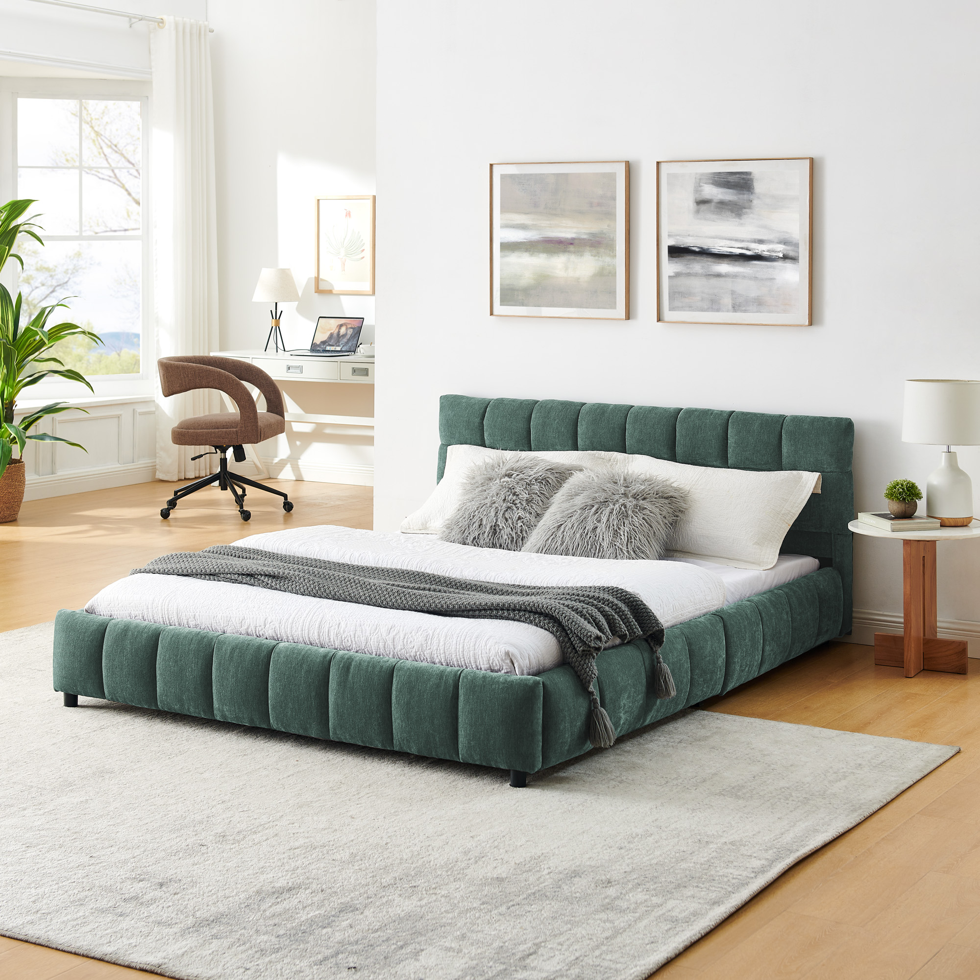 Queen Size Upholstered Bed ,comfortable upholstered bed frame, Chenille fabric, with headboard and solid bed frame. With drawer for storage.-green(88.5''*68.5''*31'') - Image 2