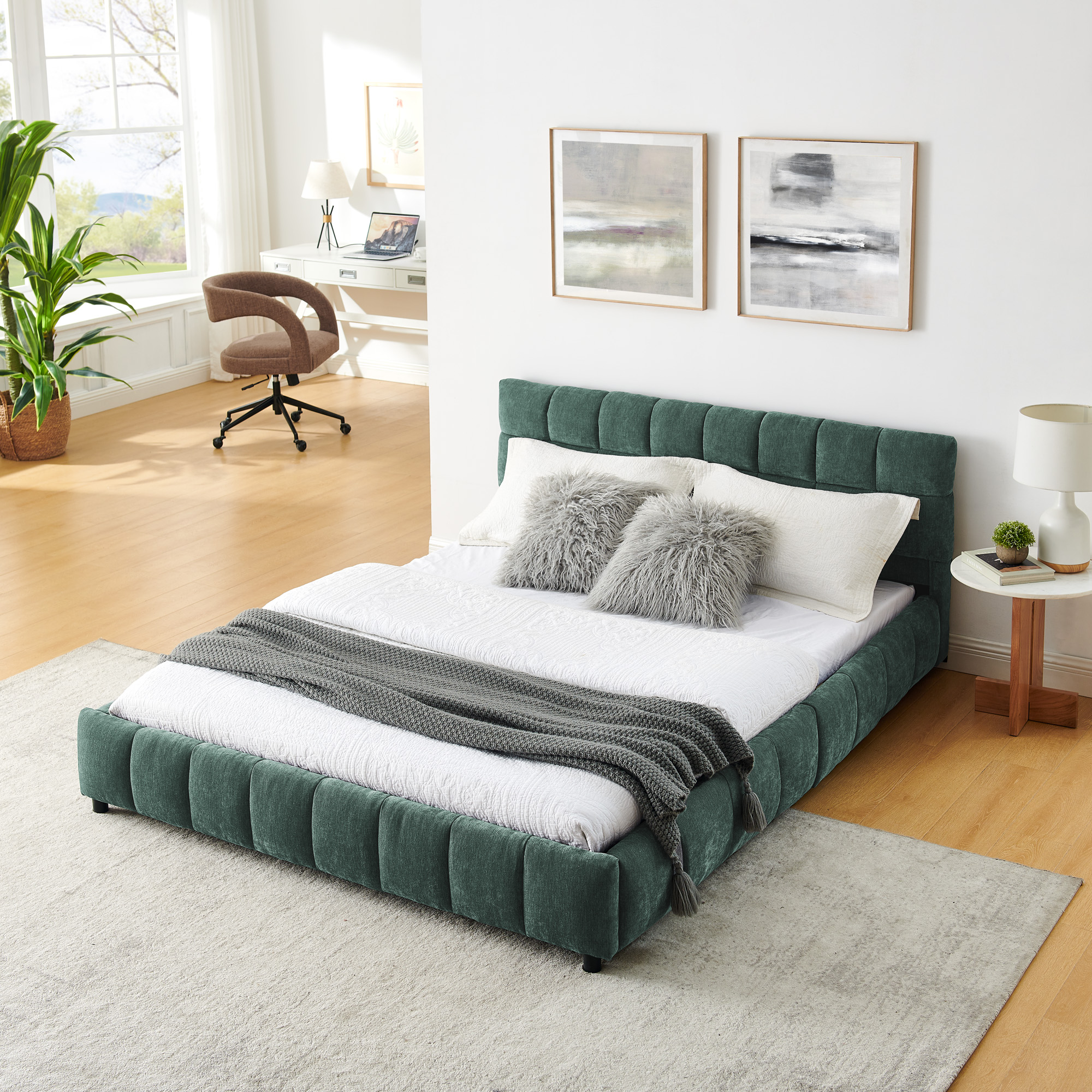 Queen Size Upholstered Bed ,comfortable upholstered bed frame, Chenille fabric, with headboard and solid bed frame. With drawer for storage.-green(88.5''*68.5''*31'') - Image 4