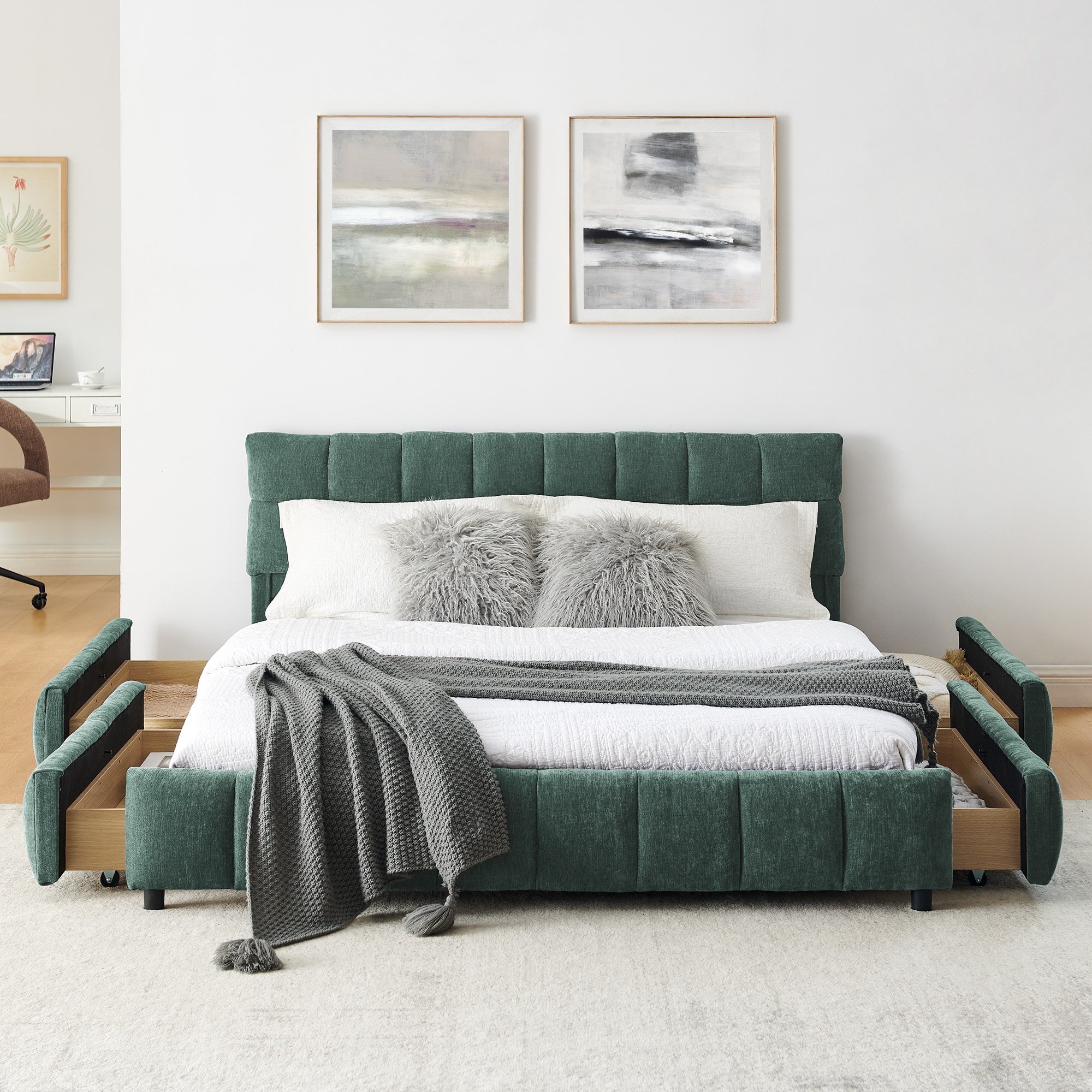 Queen Size Upholstered Bed ,comfortable upholstered bed frame, Chenille fabric, with headboard and solid bed frame. With drawer for storage.-green(88.5''*68.5''*31'') - Image 5